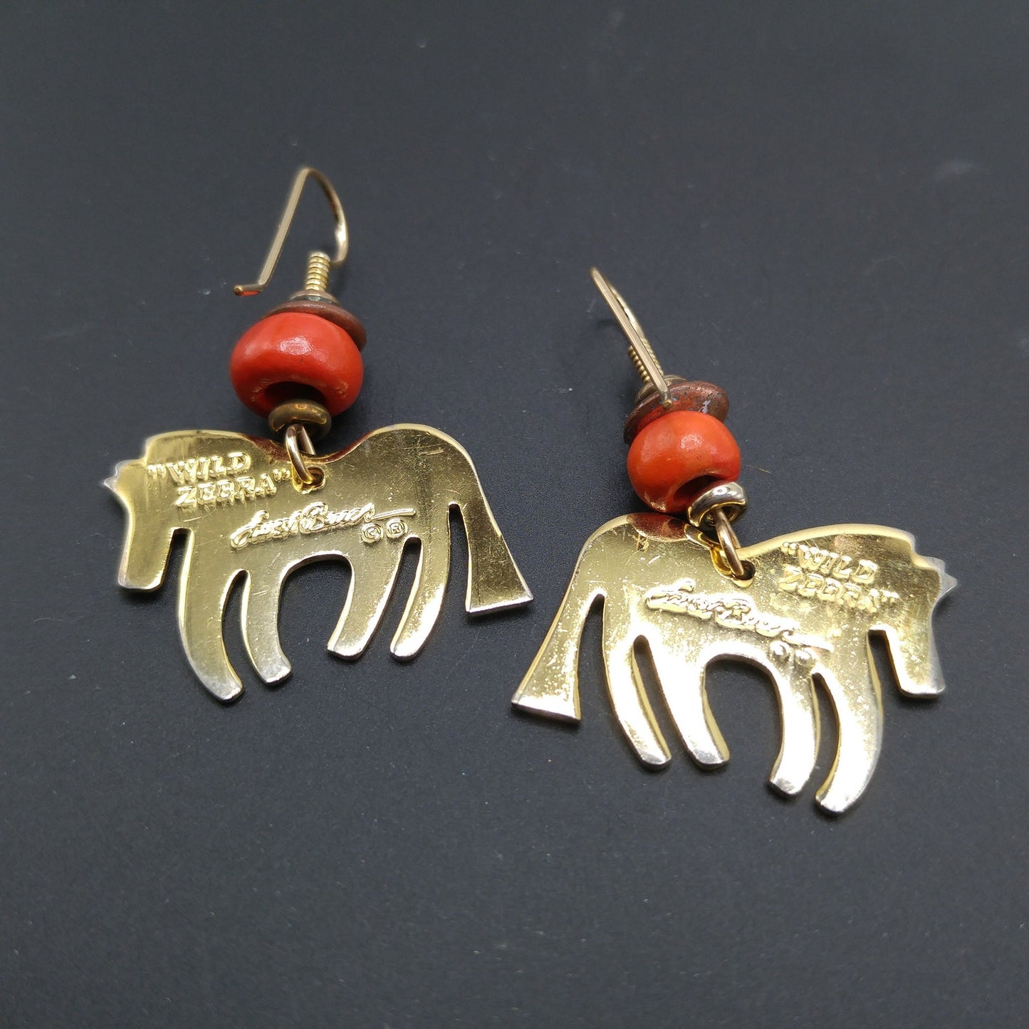 Laurel Burch "Wild Zebra" Earrings, Red Lavender Enamel, Gold Plated, 1980s Vintage Jewelry