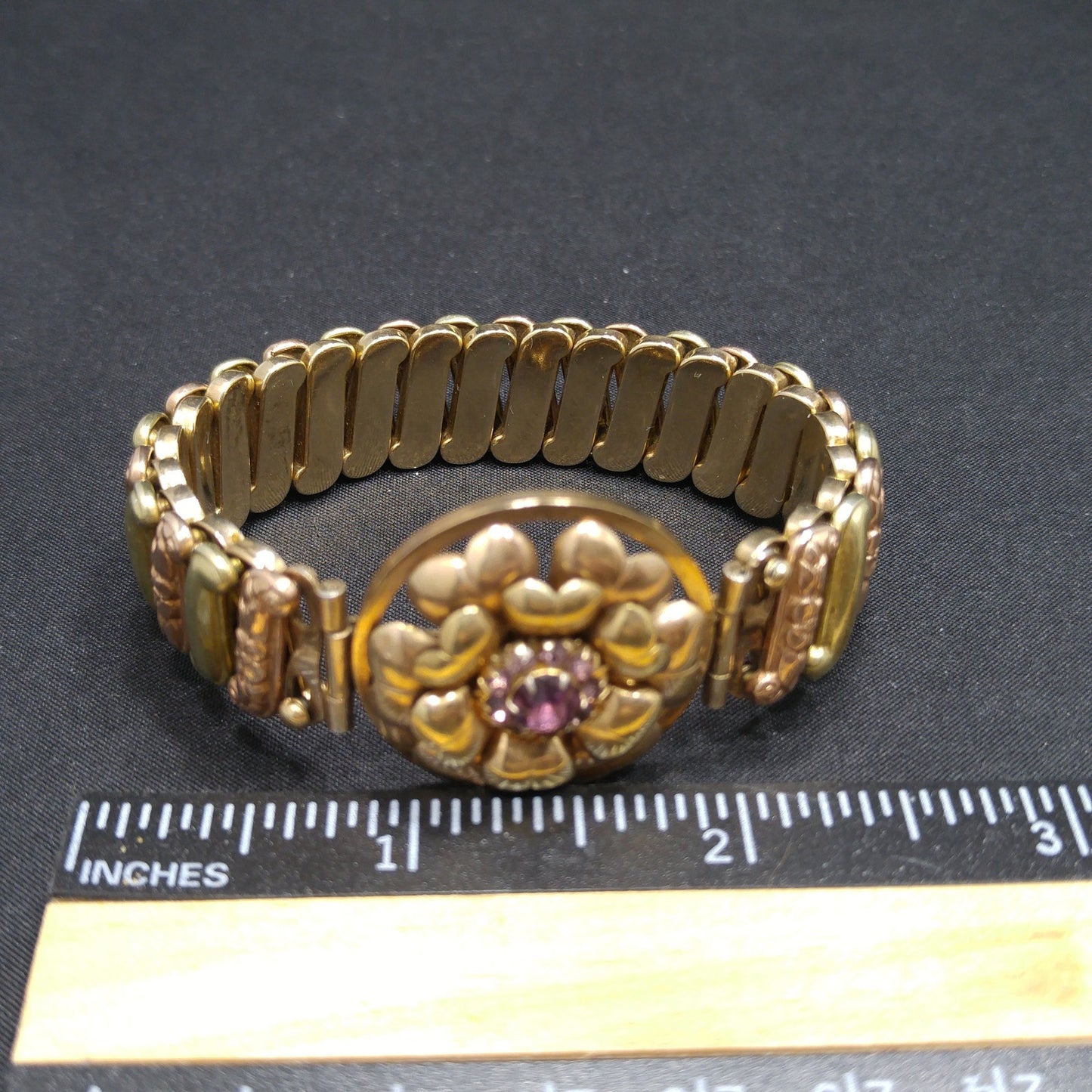 Antique Lustern Expansion Sweetheart Bracelet, 12KGF Sterling, Purple Rhinestones, 1920s Vintage Jewelry