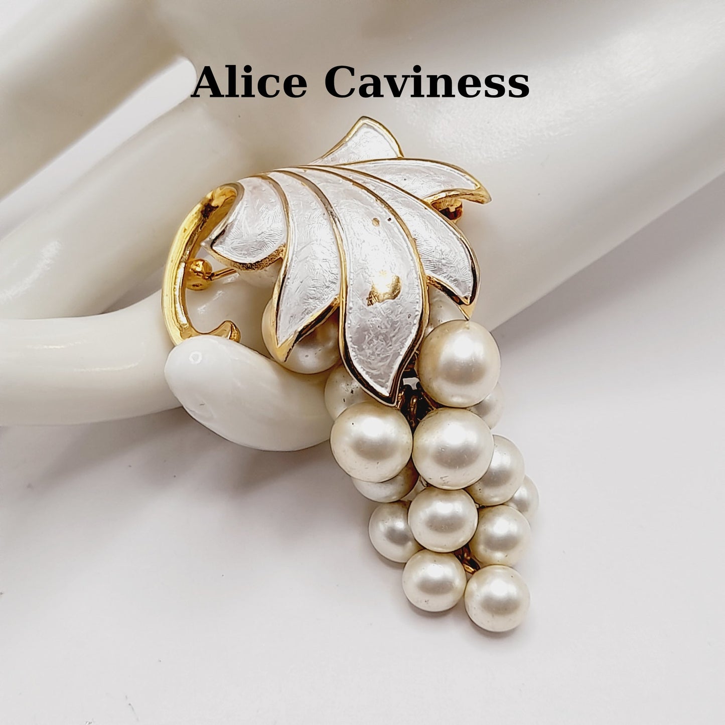Vintage Alice Caviness Grape Cluster Brooch, White Enamel Leaf, Faux Pearl Berries, Gold Tone Pin, Mid Century Jewelry