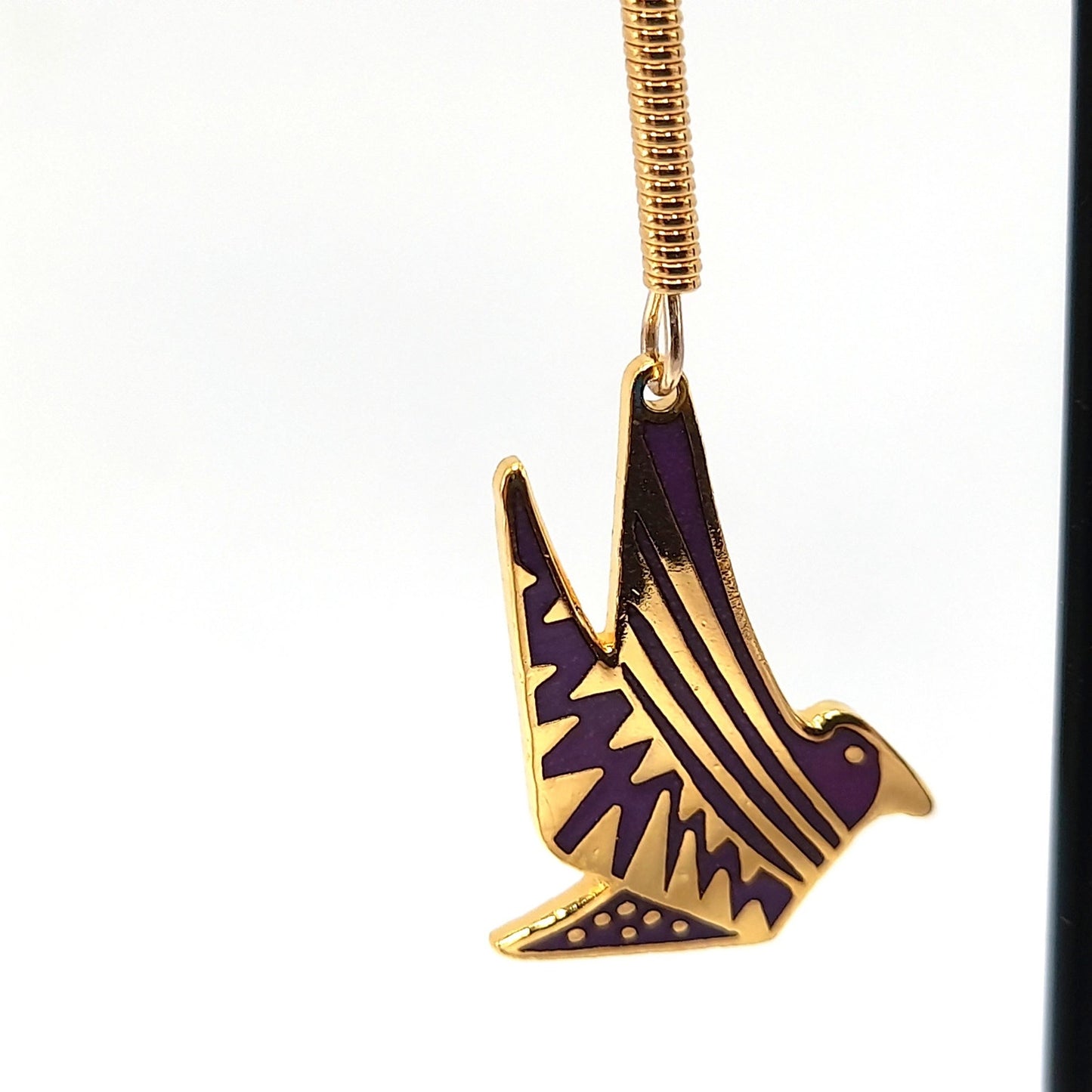 Laurel Burch Long Ear Wire Bird Earrings, Purple Enamel, Gold Plated, 1990s Vintage Jewelry