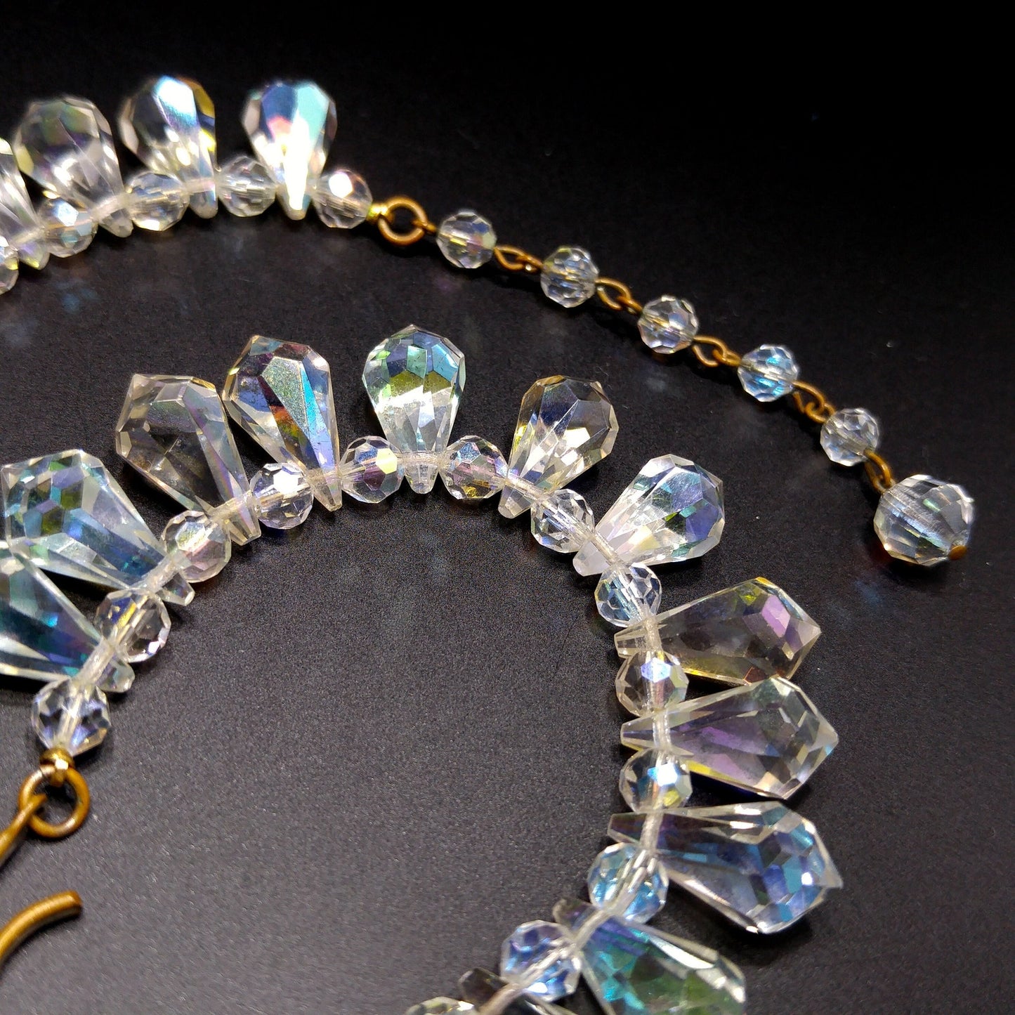 Mid-Century Crystal Teardrop Dangling Necklace, 18mm AB Crystals, 1950s Vintage Jewelry