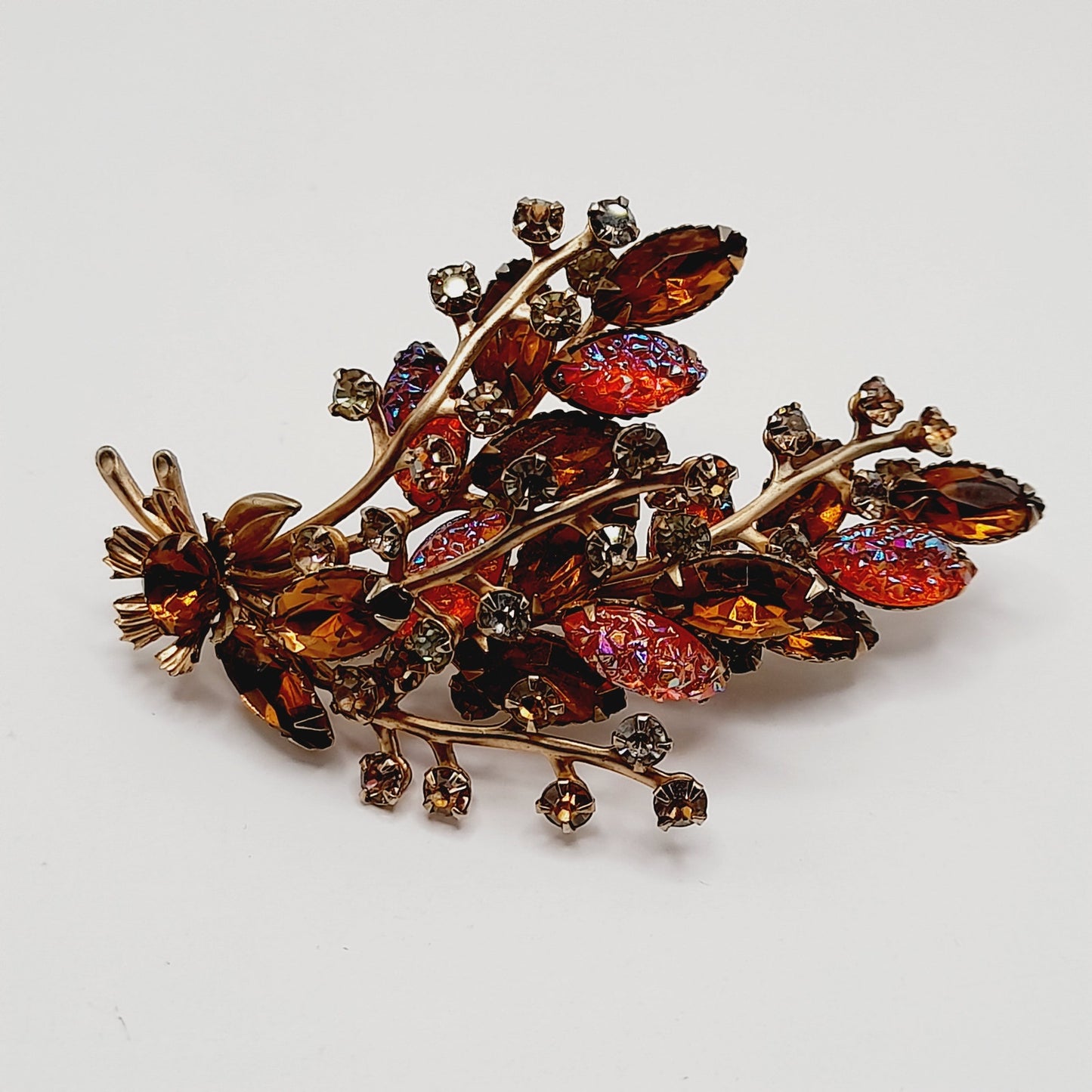 Vintage Amber Orange Rhinestone Leaf Brooch, 3D Layered, 1950s