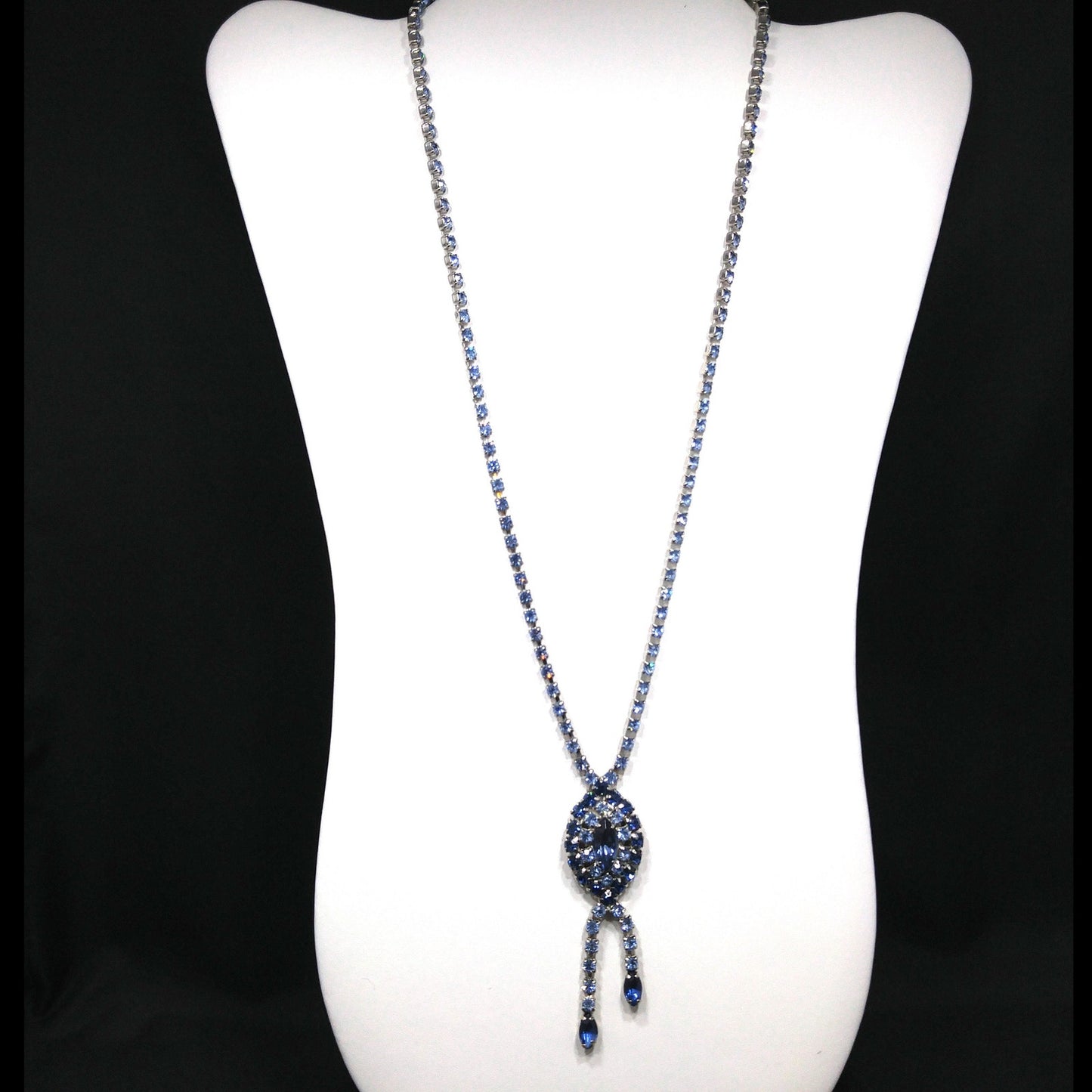 Mid Century Blue Rhinestone Rhodium Plated Necklace, Light & Dark Blue Rhinestones, 1960s Vintage Jewelry