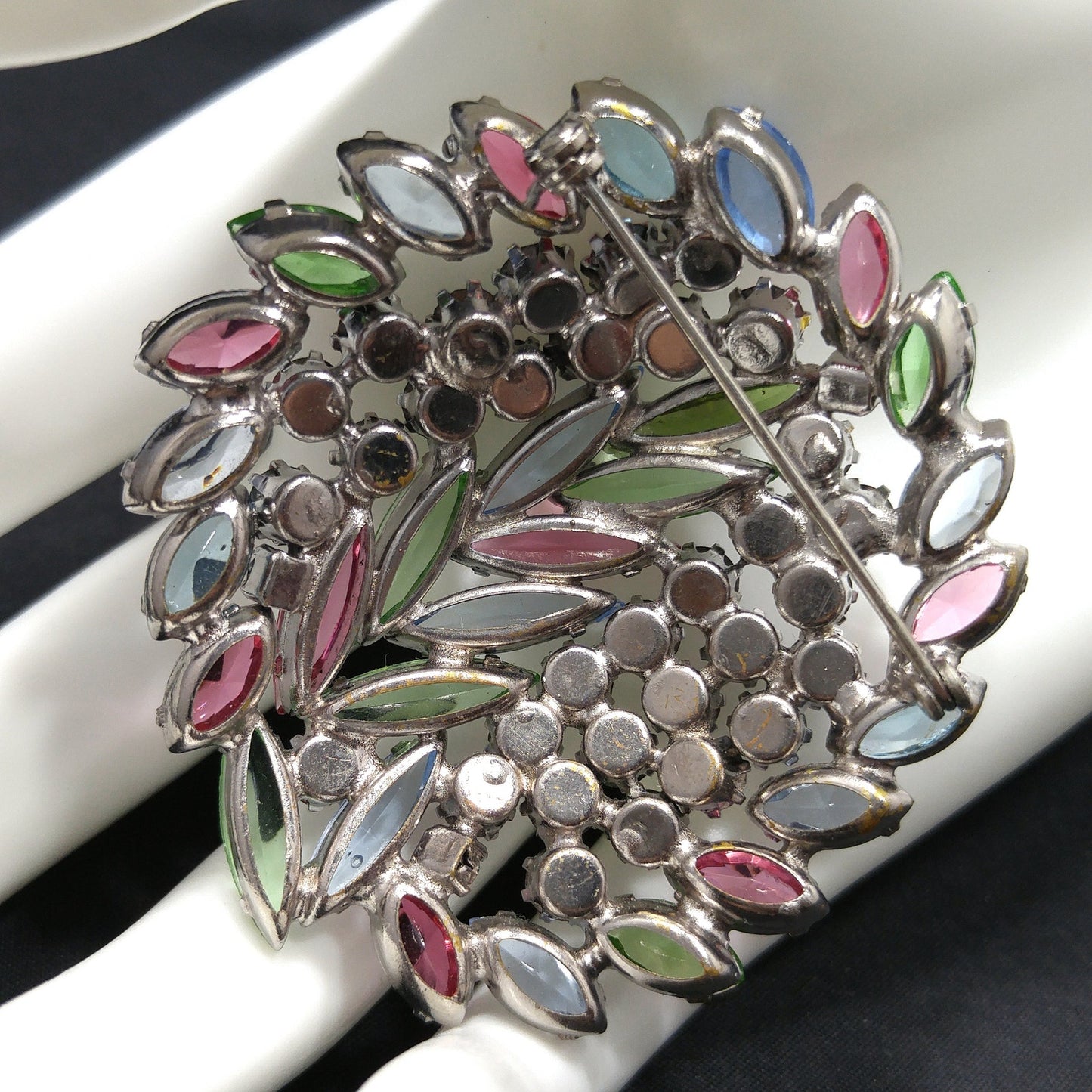 Pastel Rhinestone Floral Brooch, Rhodium Plated, Open Back Stones, 1960s Vintage Jewelry