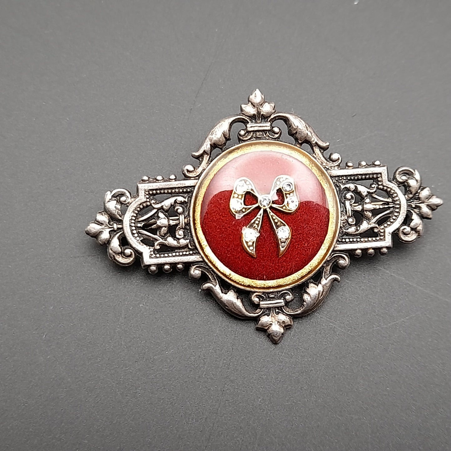 Vintage Catherine Popesco Art Deco Red Enamel Silver Plated Brooch