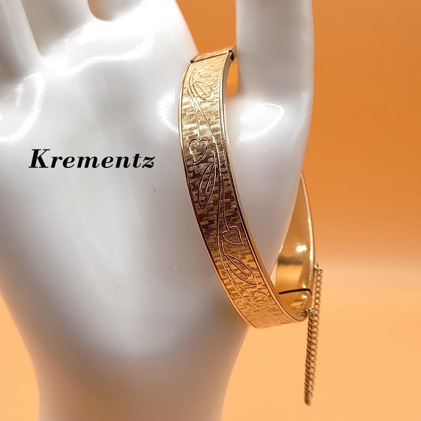 Krementz Floral Hinged Bangle Bracelet, Rolled Gold Overlay, Safety Chain, 1950s Vintage Jewelry
