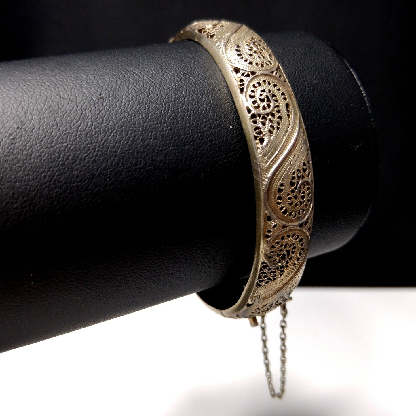 Art Nouveau Silver Filigree Hinged Bracelet, Gold Washed, 1920s Vintage Jewelry