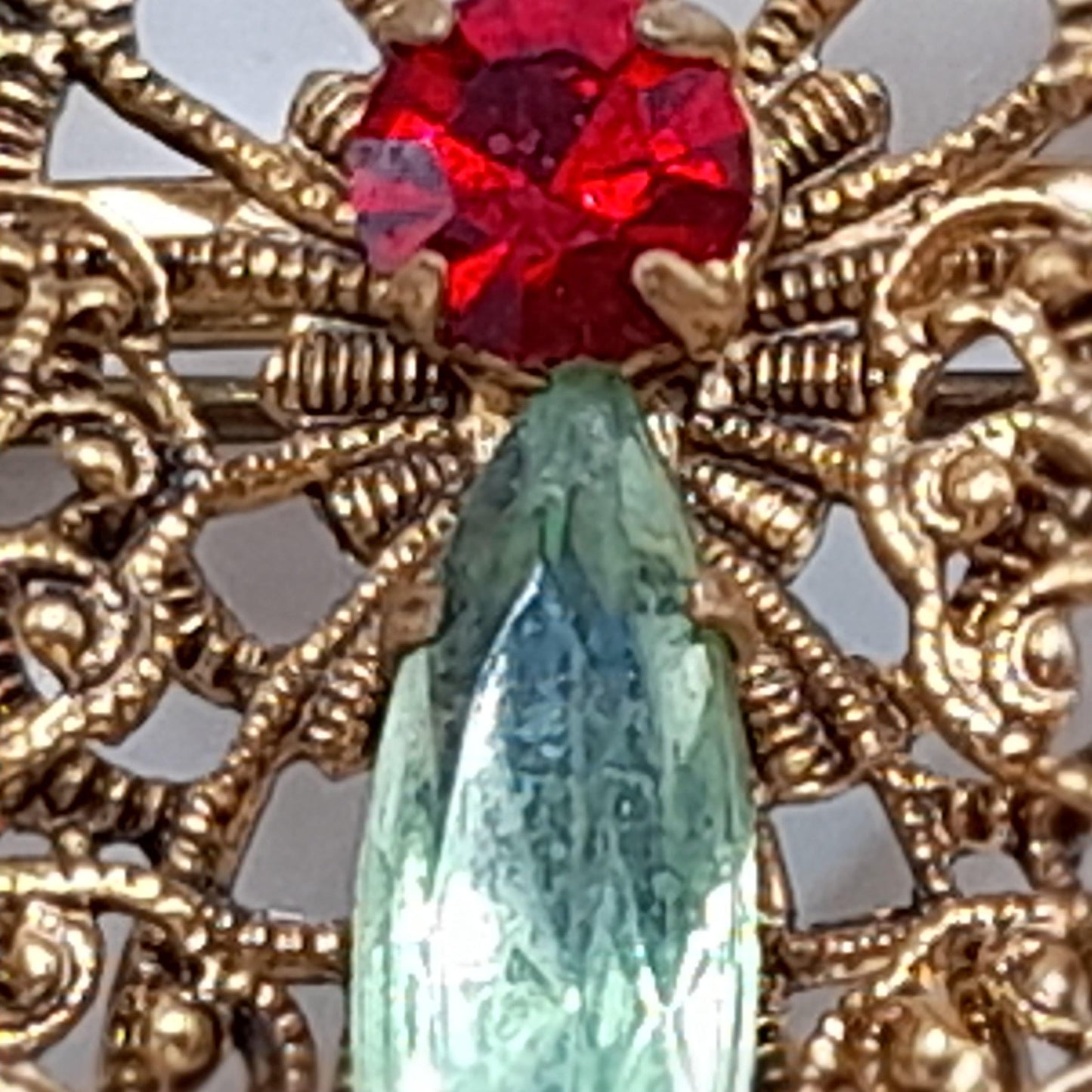 Vintage Filigree Butterfly Brooch, Czech Multicolored Rhinestones, Faux Pearls, 1940s