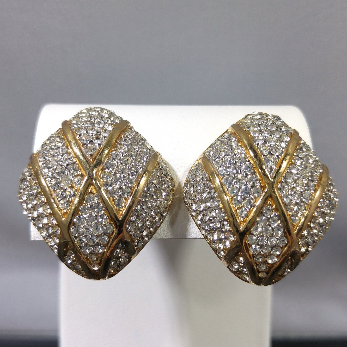 Vintage CINER Pave Rhinestone Clip Earrings, Gold Plated