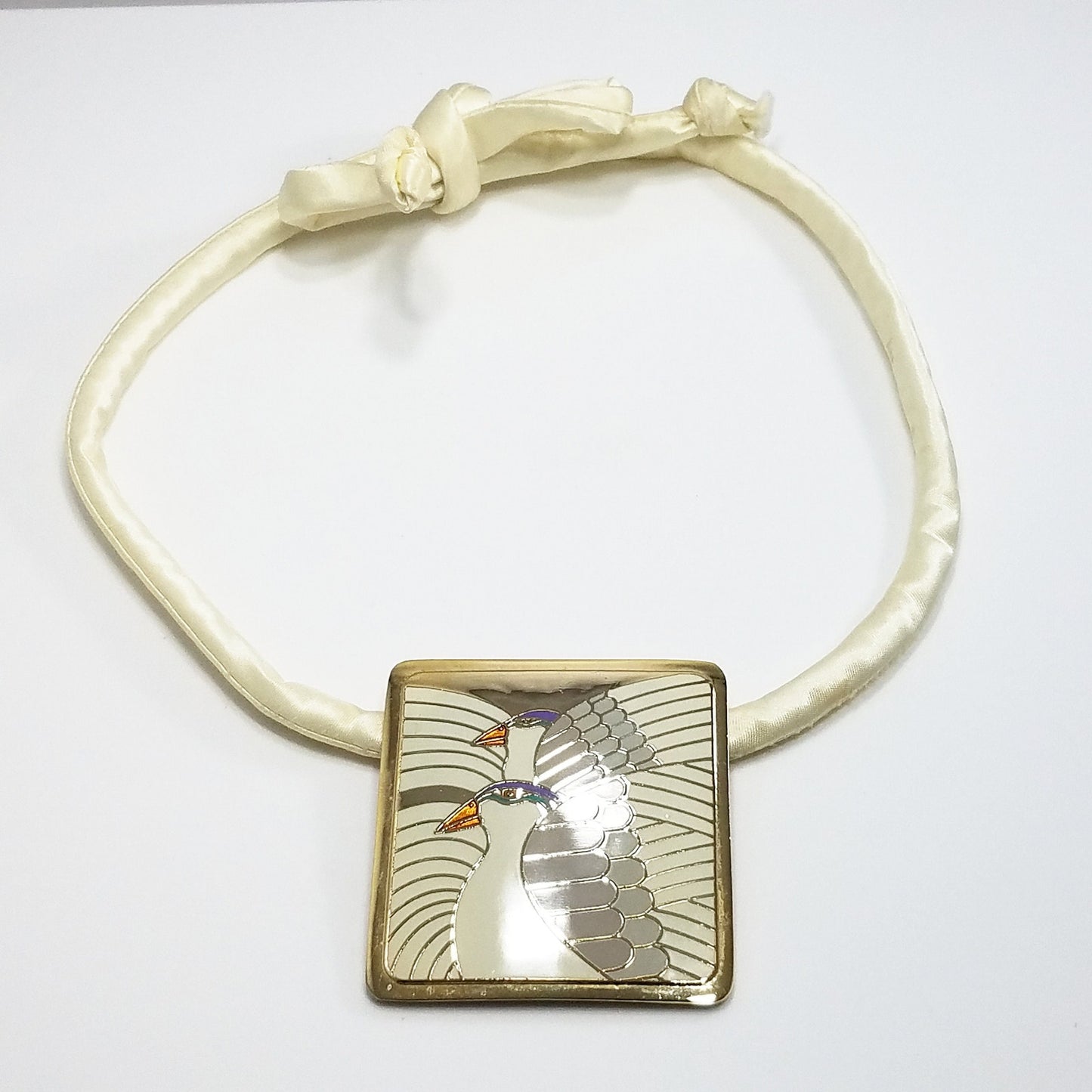 Vintage Laurel Burch "Moon Doves" Pendant Necklace, Gold Plated Cloisonne