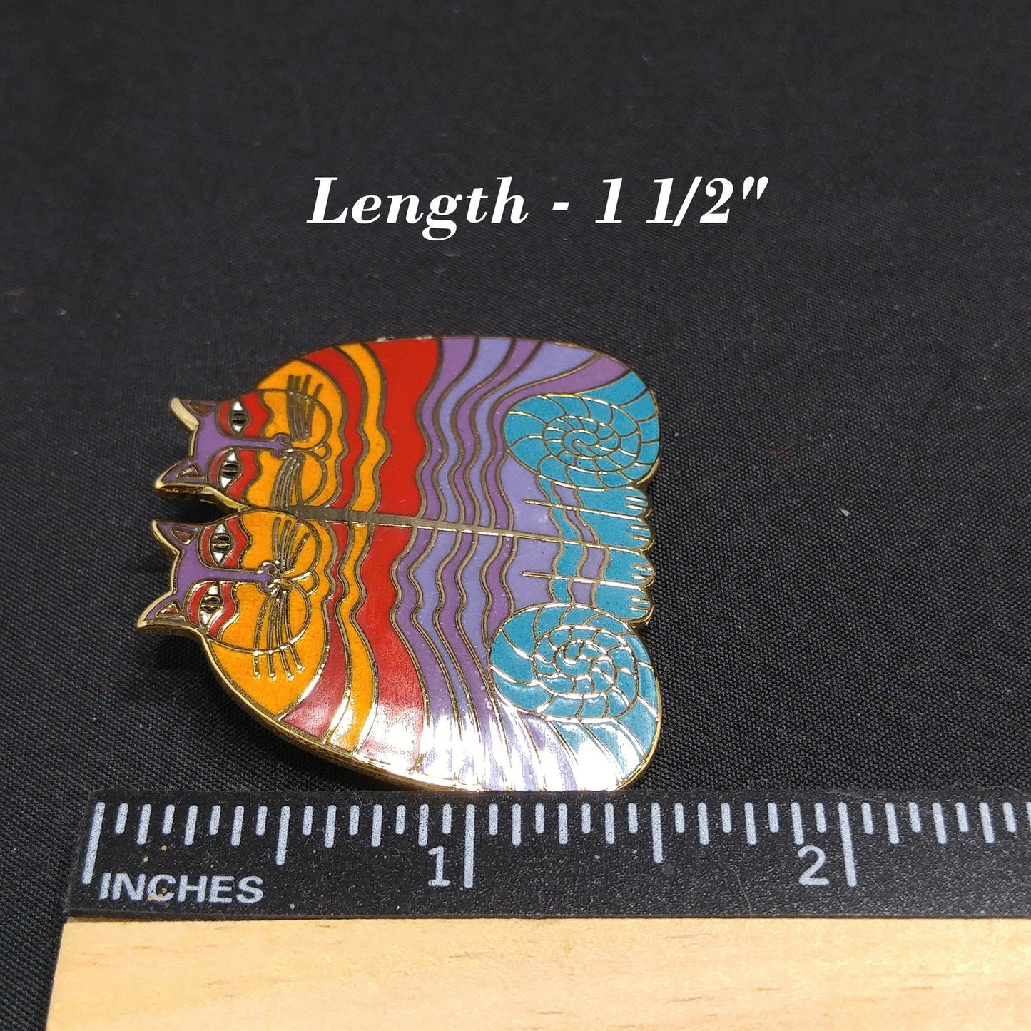 Laurel Burch "Rainbow Cats" Two Cat Brooch, Gold Plated Cloisonne Enamel, 1980s Vintage Jewelry