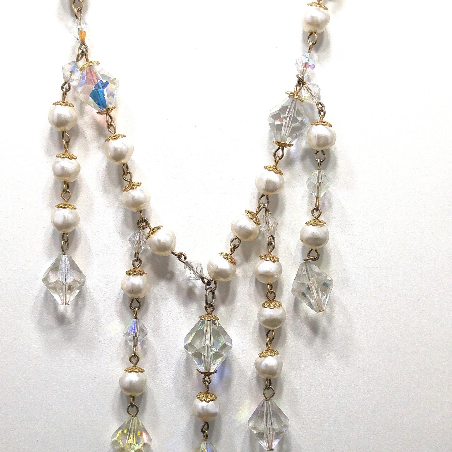 Vintage Crystal Faux Pearl Dangle Necklace, Large Aurora Borealis Crystal Beads, Vintage Jewelry