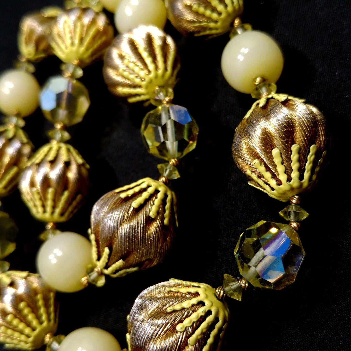 Vendome Gold Twist & AB Crystal Bead Necklace, Yellow Bead Caps, Gold Plated, 1960s Vintage Jewelry