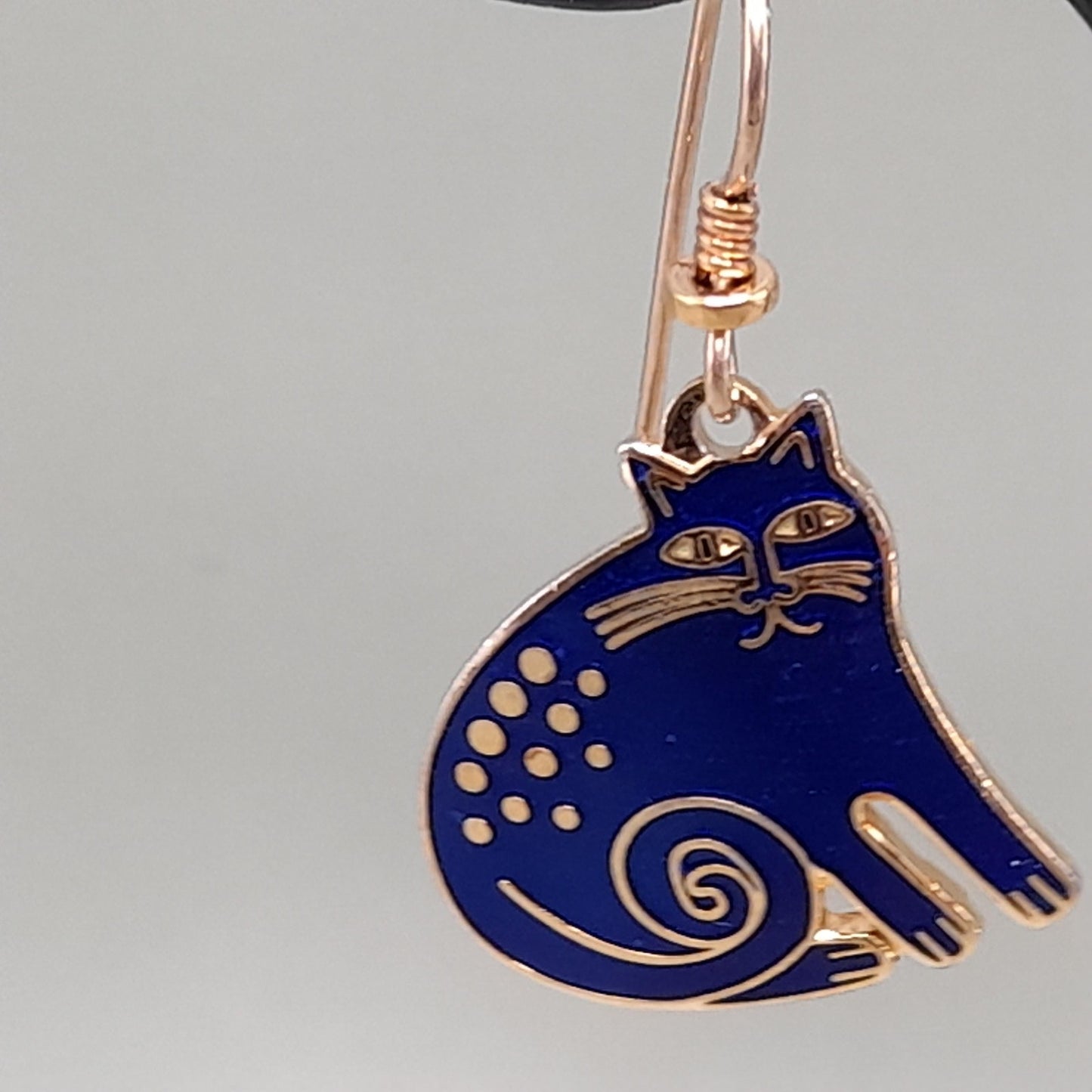 Vintage Laurel Burch "Keshire Cat" Drop Earrings, Blue Enamel, Gold Plate, 1980s Jewelry