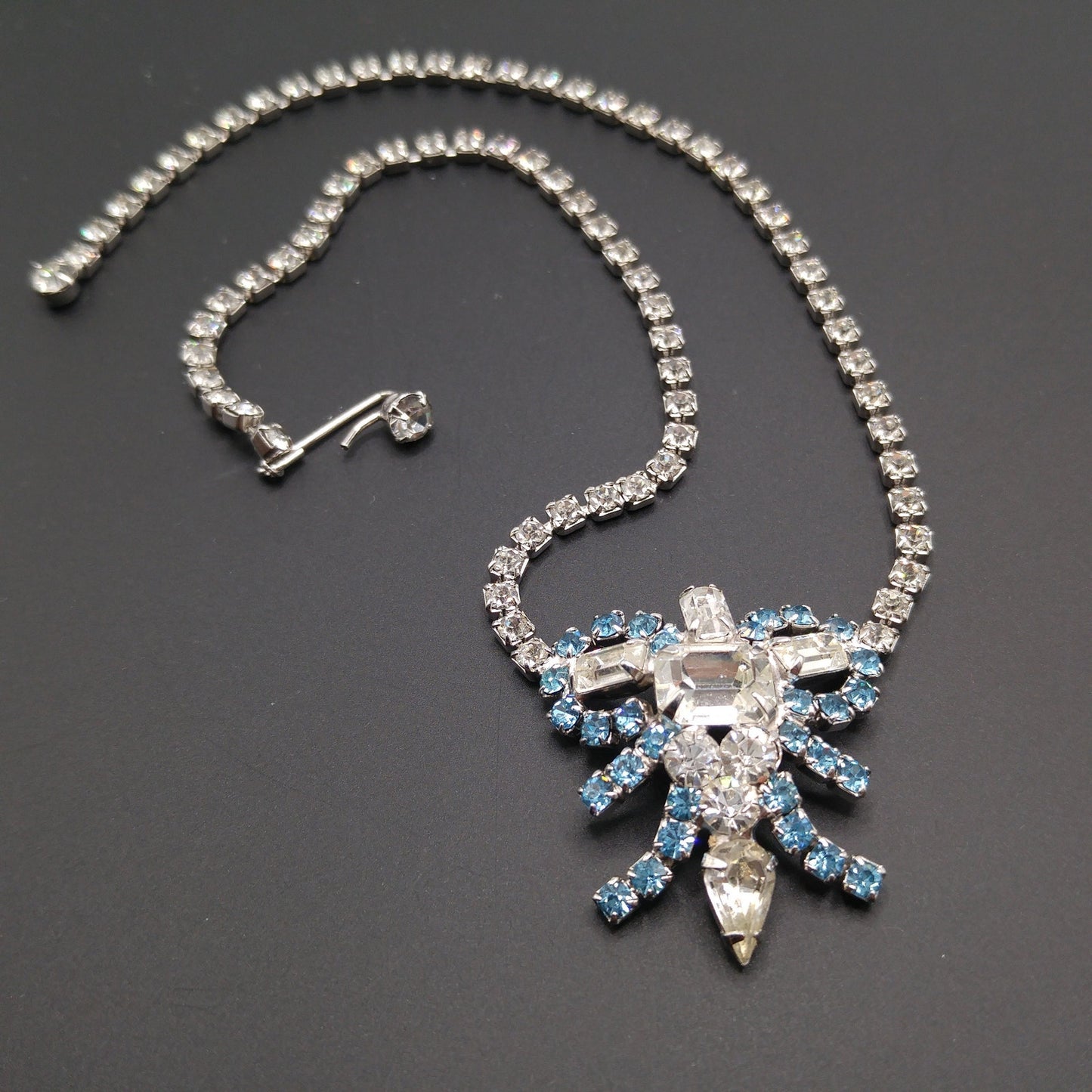 Mid-Century Turquoise Blue Clear Rhinestone Choker Necklace, Rhodium Plated, 1960s Vintage Jewelry