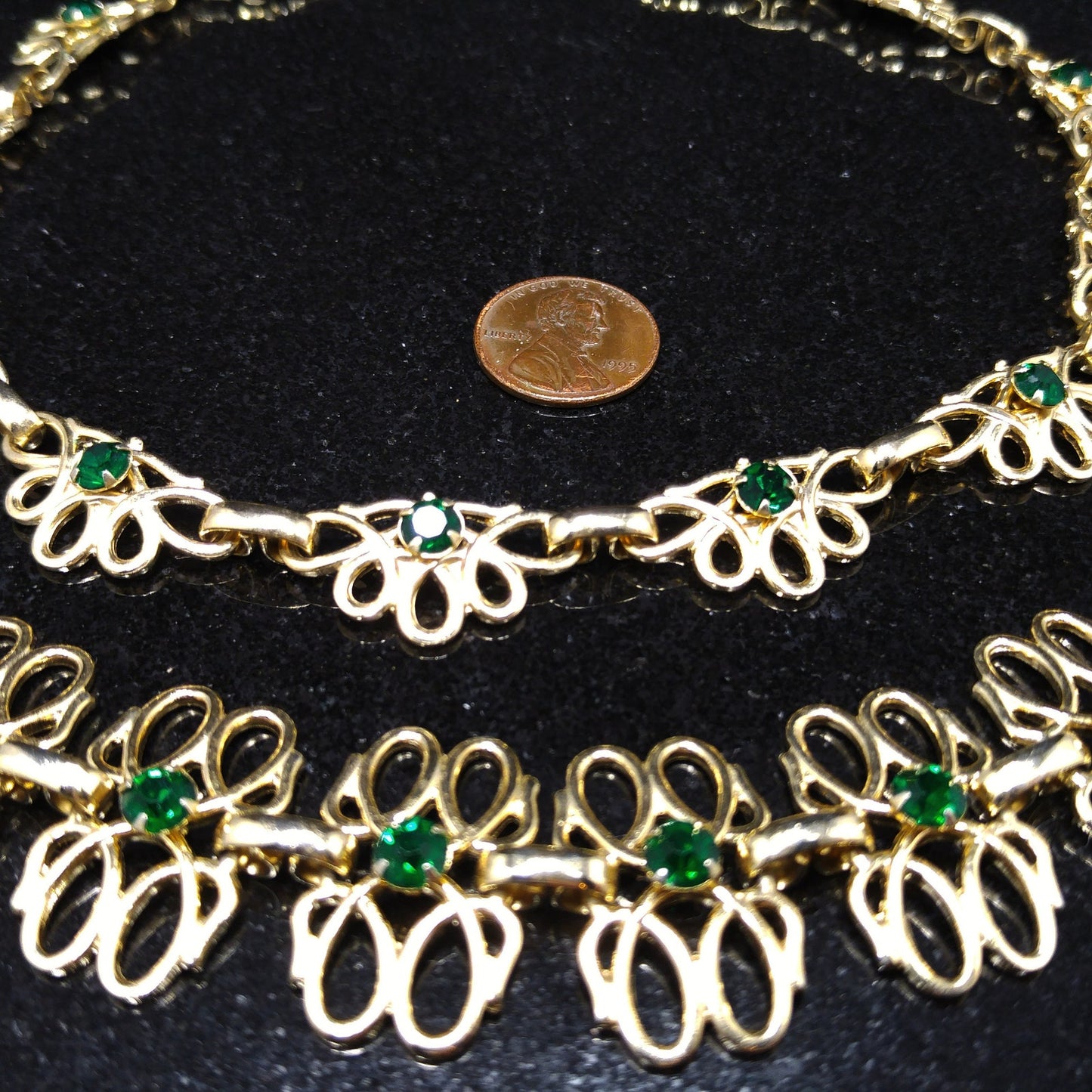 Green Rhinestone Necklace & Bracelet Set, Gold Tone, 1950s Vintage Jewelry
