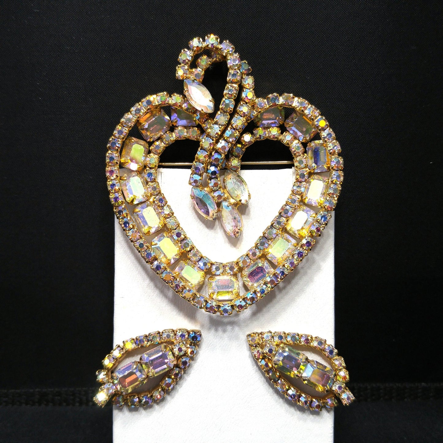 Vintage Gold Aurora Borealis Brooch Earrings, Gold Plated, 1960s Vintage Jewelry