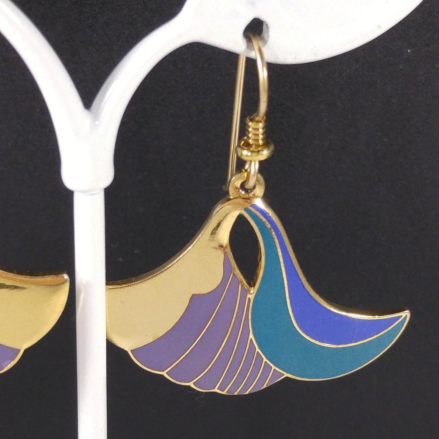 Laurel Burch "Egyptian Flower" Dangle Earrings, Gold Plated Cloisonne, Enamel Teal Purple, 1980s Vintage Jewelry