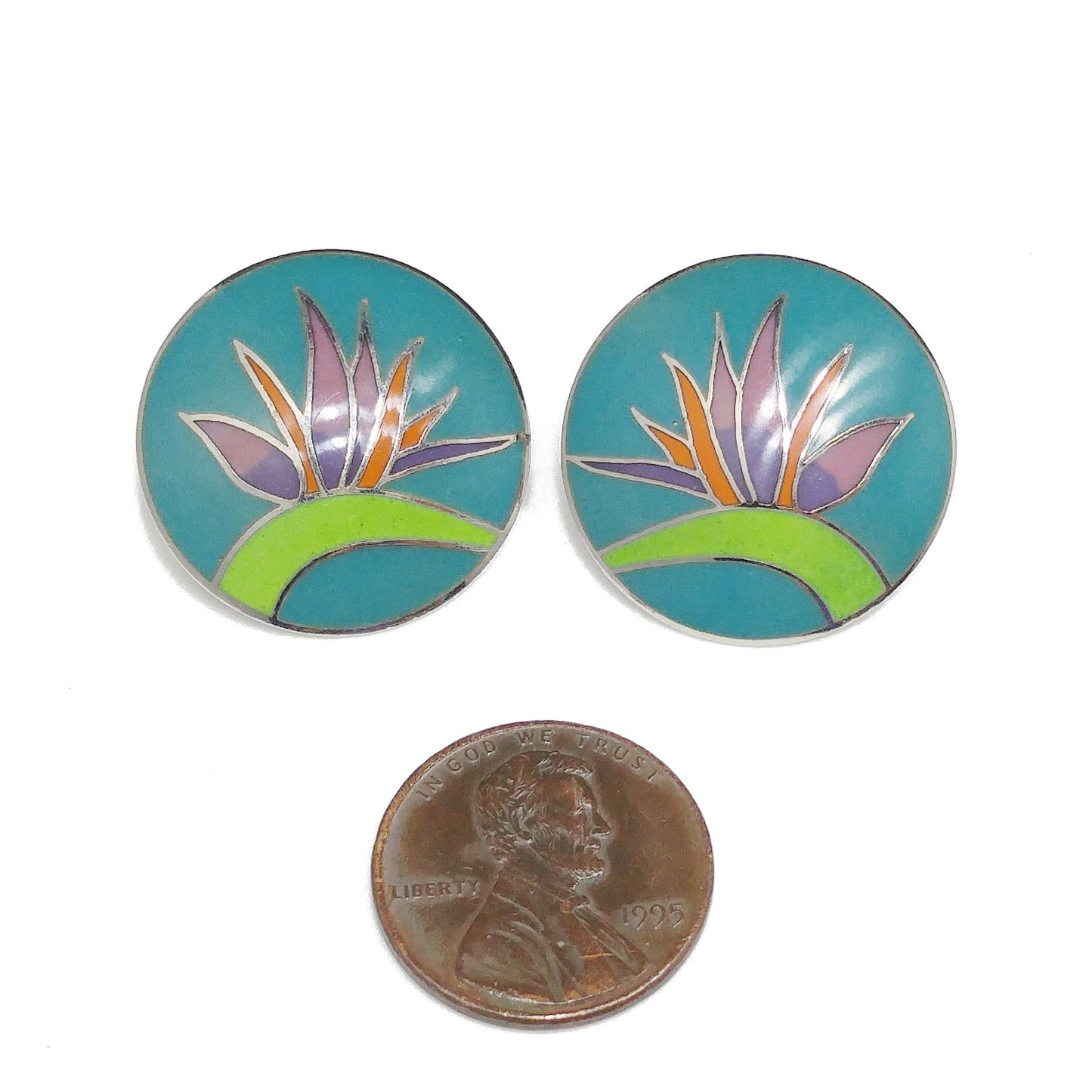 Vintage Laurel Burch Bird of Paradise Post Earrings, Silver Tone Cloisonné