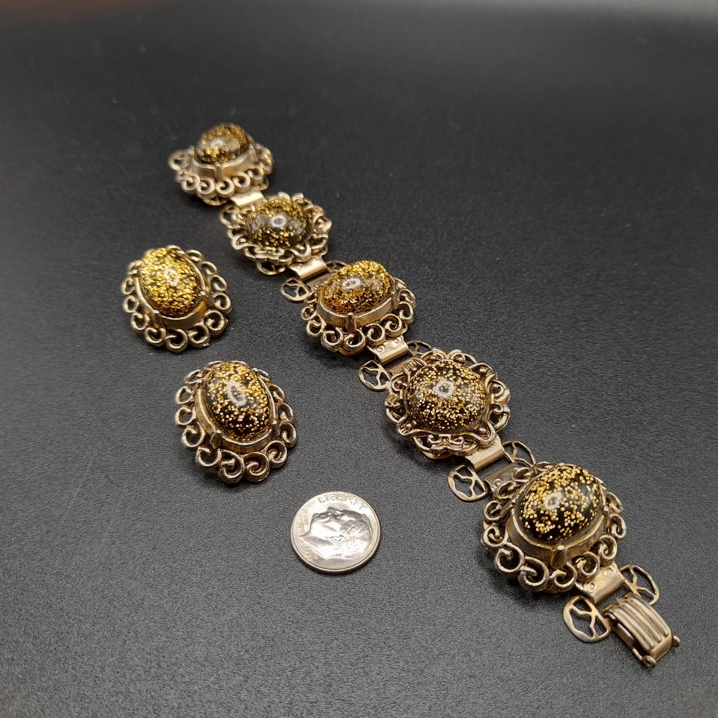 Vintage Glitter Lucite Bracelet Earrings Set, Book Chain, 1950s Vintage Jewelry