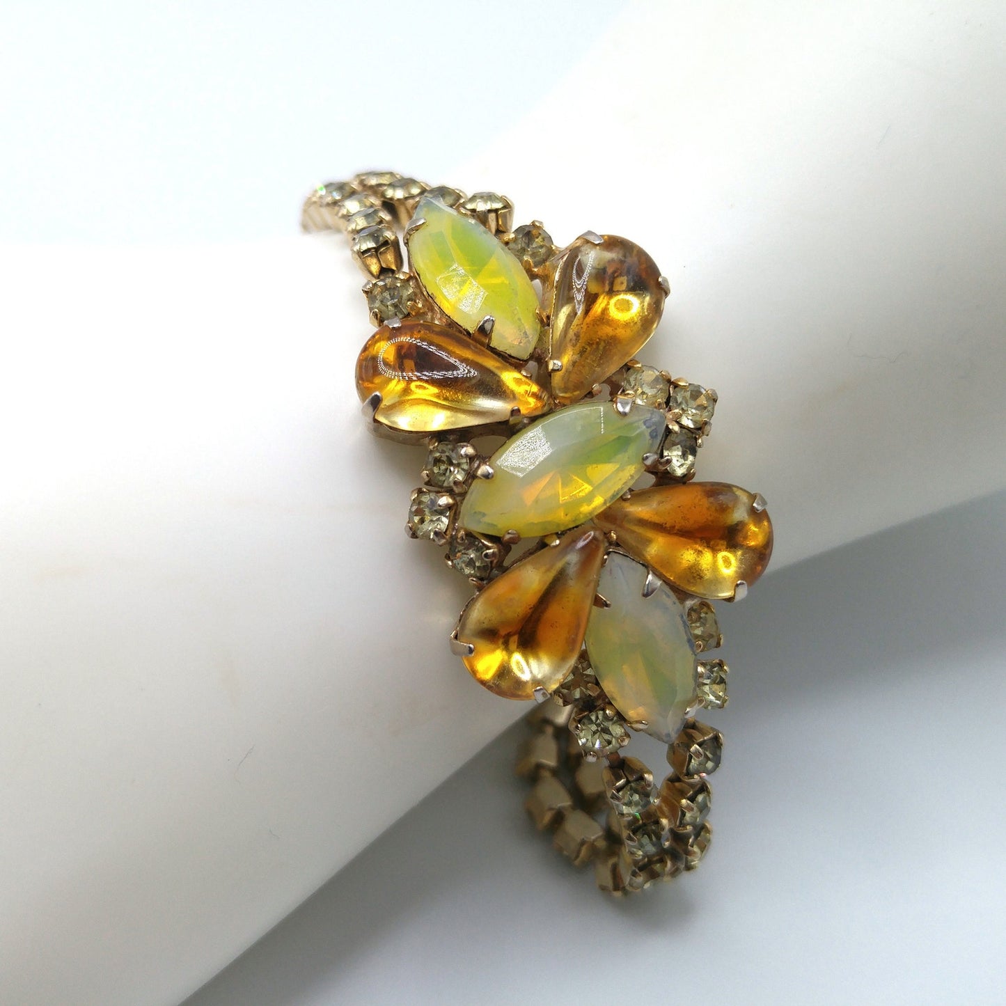 Topaz Opalescent Rhinestone Bracelet, Gold Plated, 1960s Vintage Jewelry
