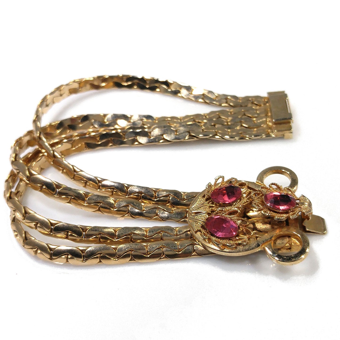 Pink Rhinestone Curb Chain Bracelet, Gold Plated, 1960s Vintage Jewelry