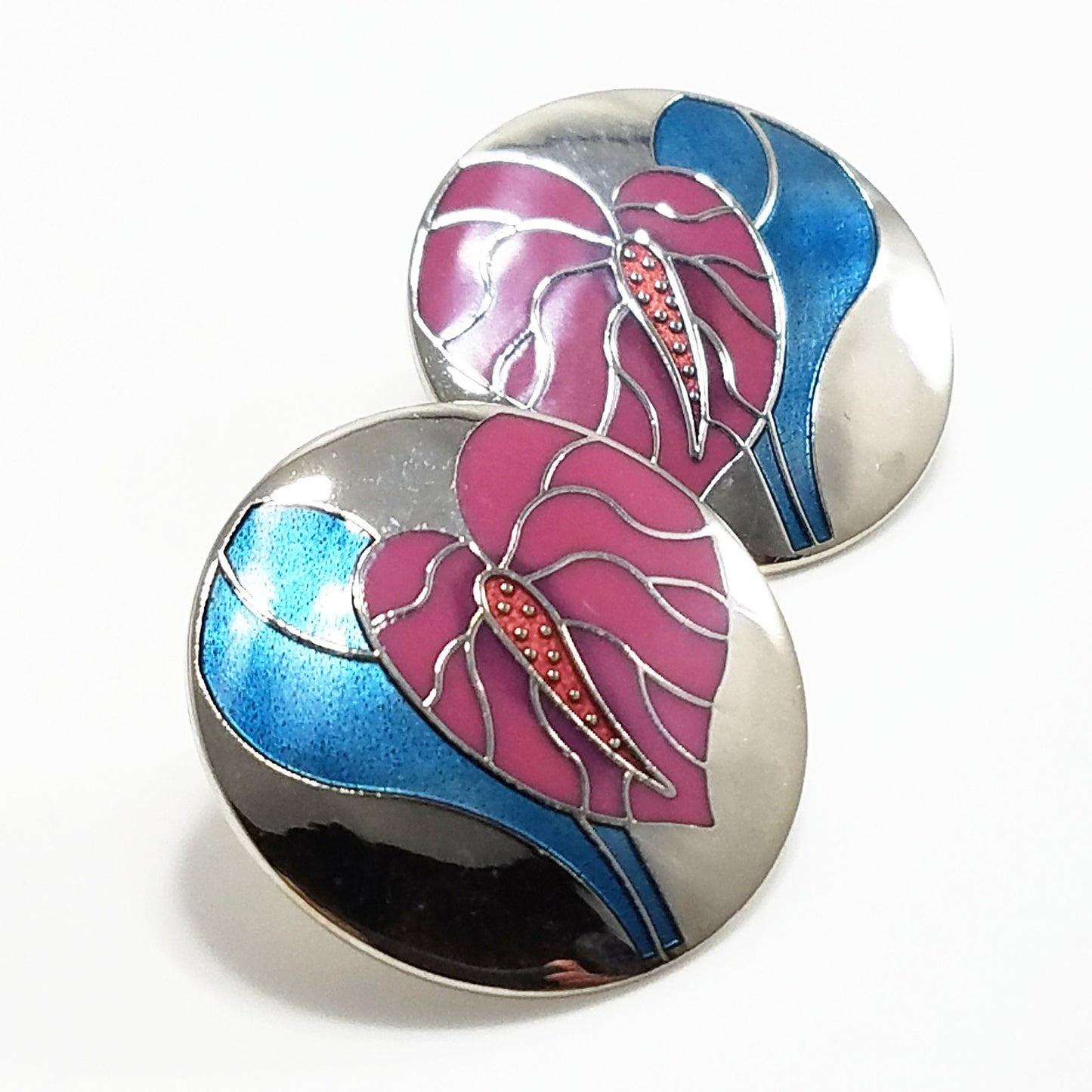 Vintage Laurel Burch "Antherium" Earrings Post Enamel Pink 1980s Vintage Jewelry