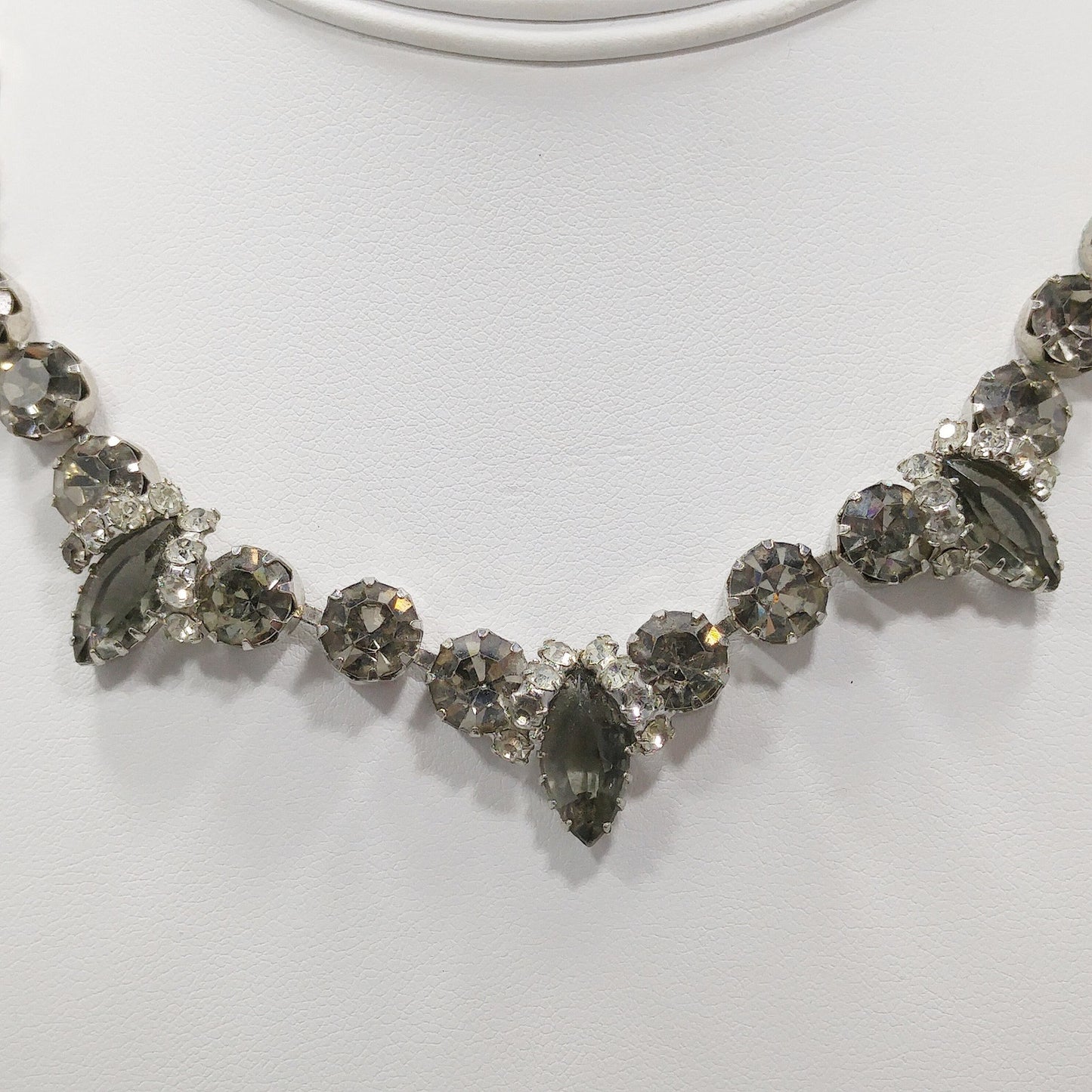 Black Diamond & Clear Rhinestone Jewelry Set, Necklace Bracelet Clip Earrings, 1950s Vintage Jewelry