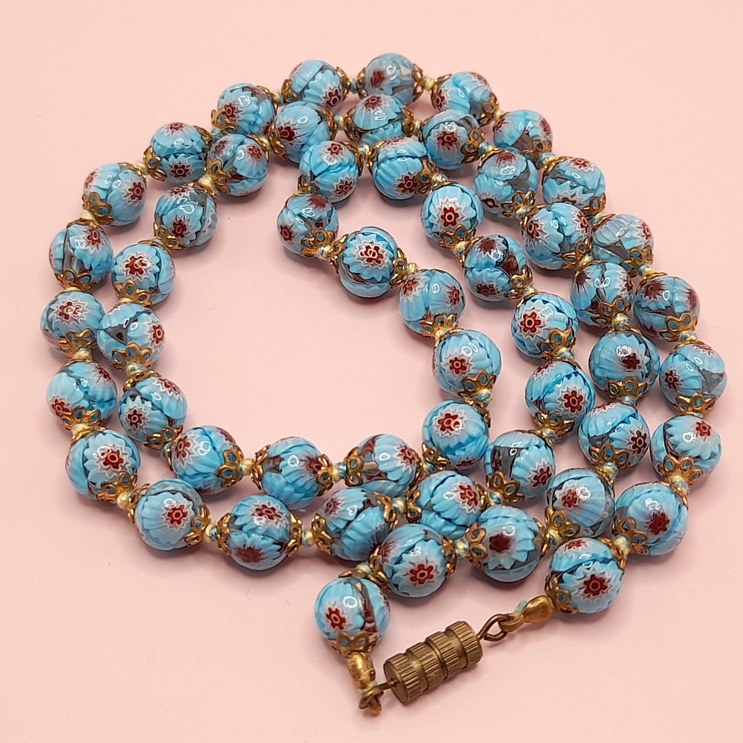 Vintage Murano Glass Floral Bead Necklace, 24 Inches, Hand-knotted, 1950s
