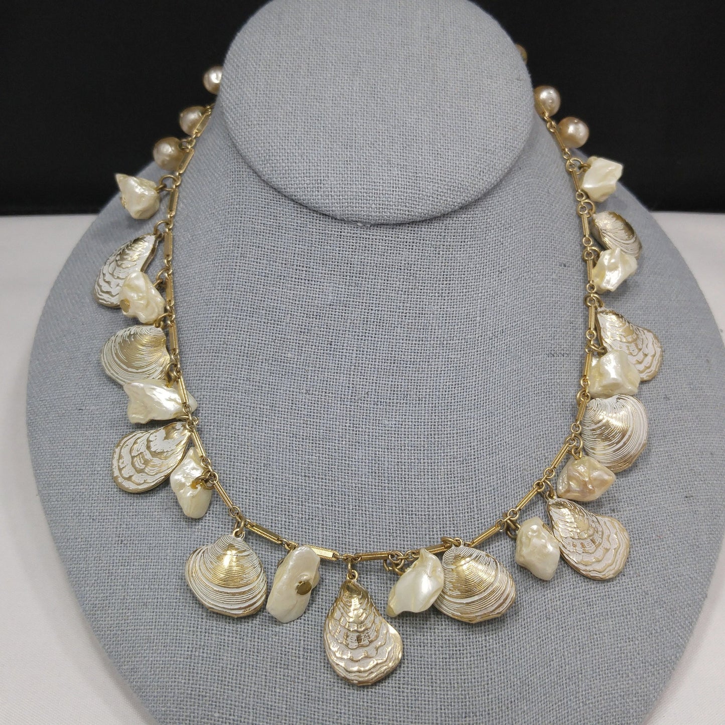 Sea Shell & Faux Pearl Charm Necklace, Gold Tone Chain, 1950s Vintage Jewelry