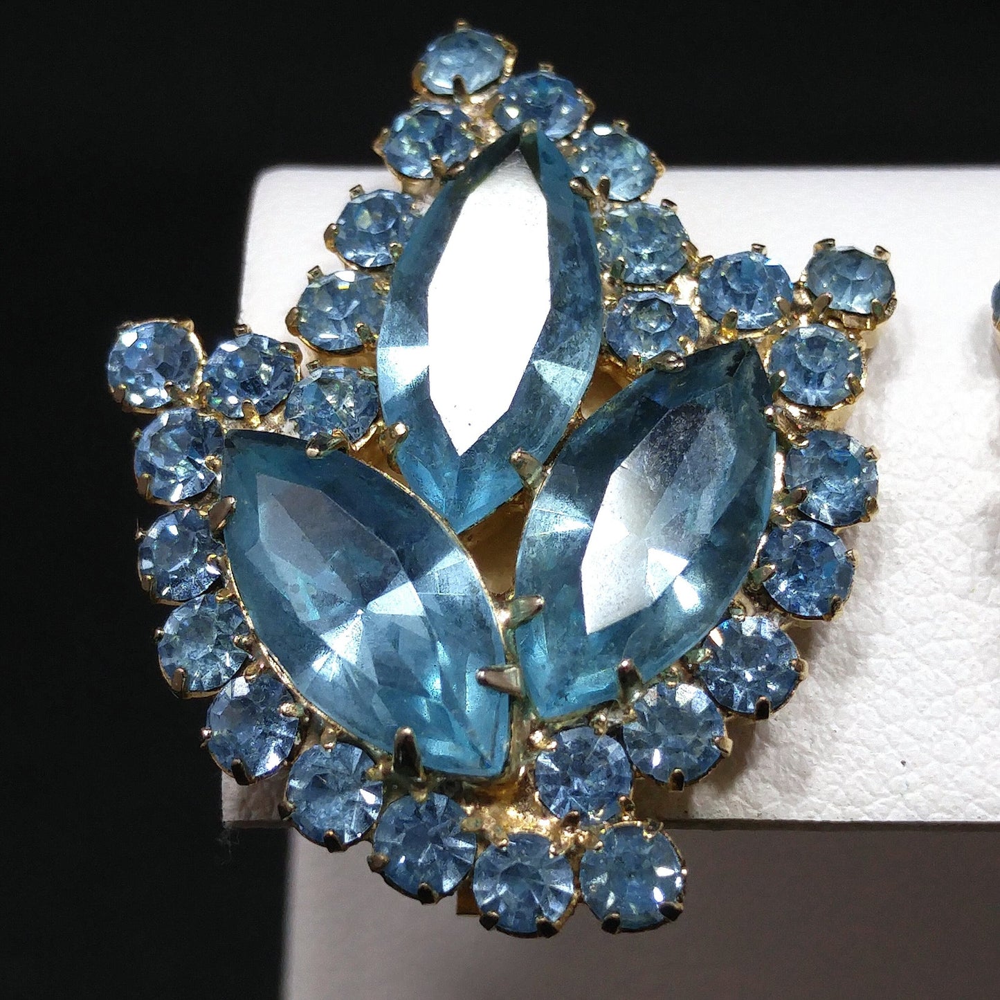 Weiss Light Blue Rhinestone Clip Earrings, Gold Plated, 1960s Vintage Jewelry