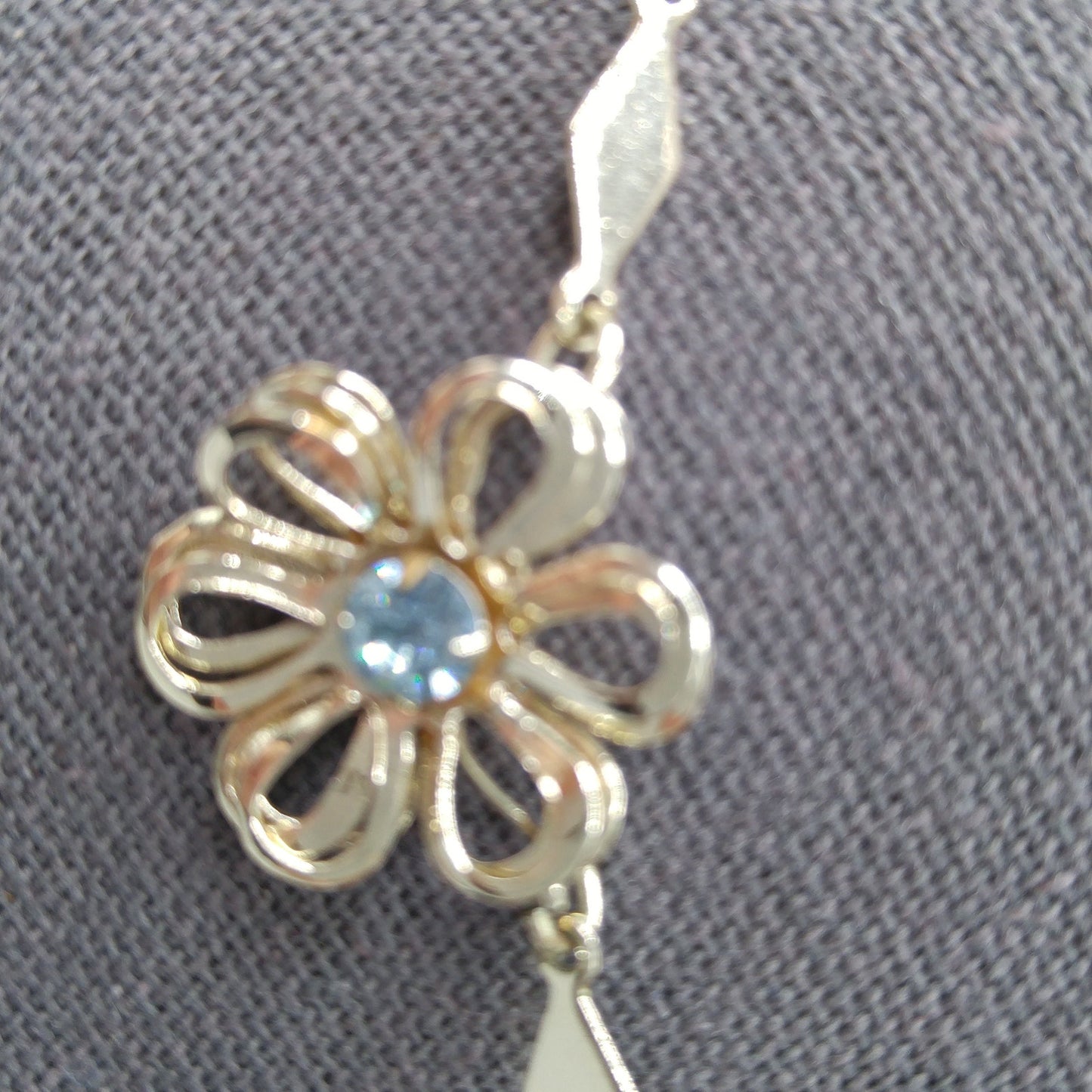 Mid-Century Floral Necklace, Light Blue Rhinestones, Gold Plated, 1950s Vintage Jewelry