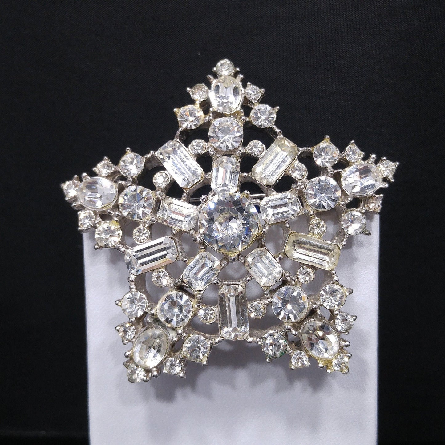 Vintage Clear Rhinestone Five Star Brooch, Heavily Rhodium Plated, 1950s Vintage Jewelry