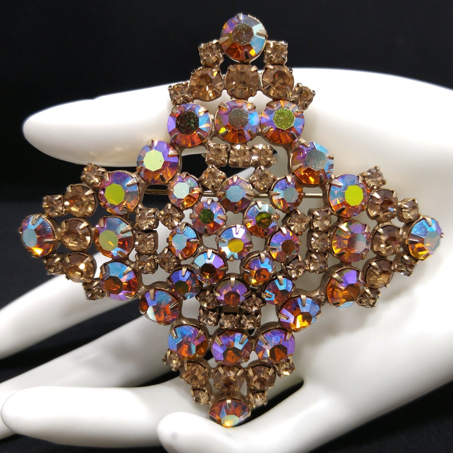 Topaz Glass Rhinestone Large Brooch, Aurora Borealis, 1960s Vintage Jewelry