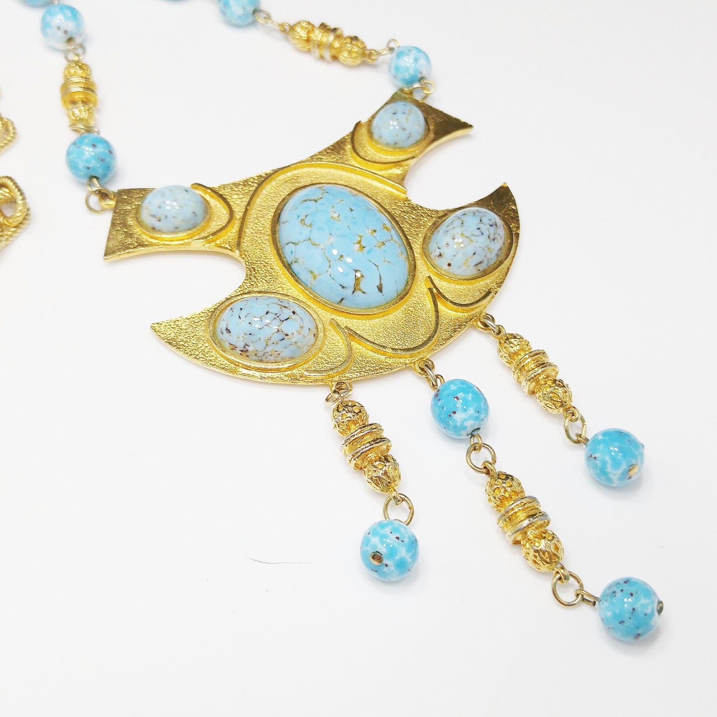 Vendome Pendant Necklace, Gold Plated, Faux Glass Turquoise, 1960s Vintage Jewelry
