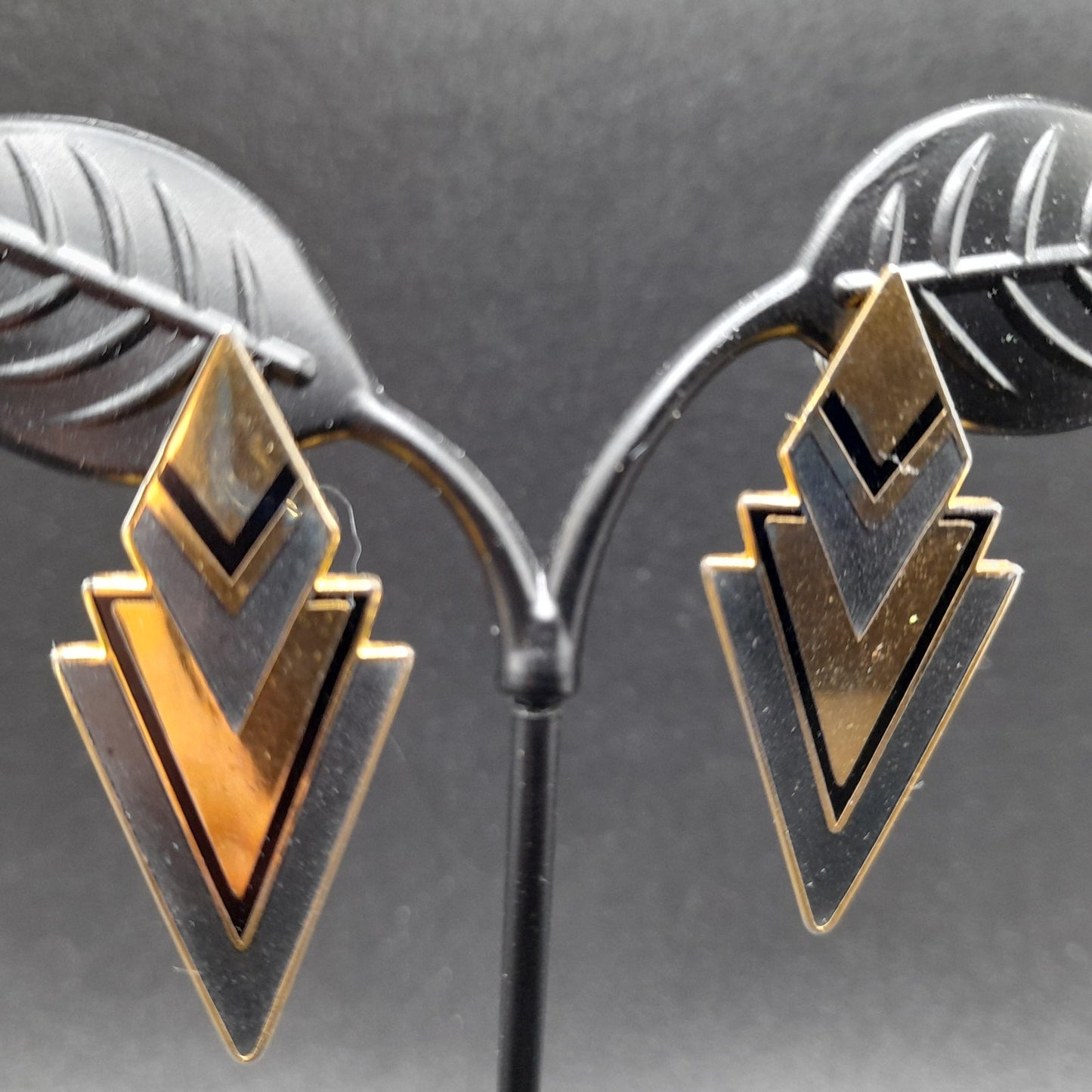 Vintage Laurel Burch Gray Gold Post Earrings, Geometric Gold Plated