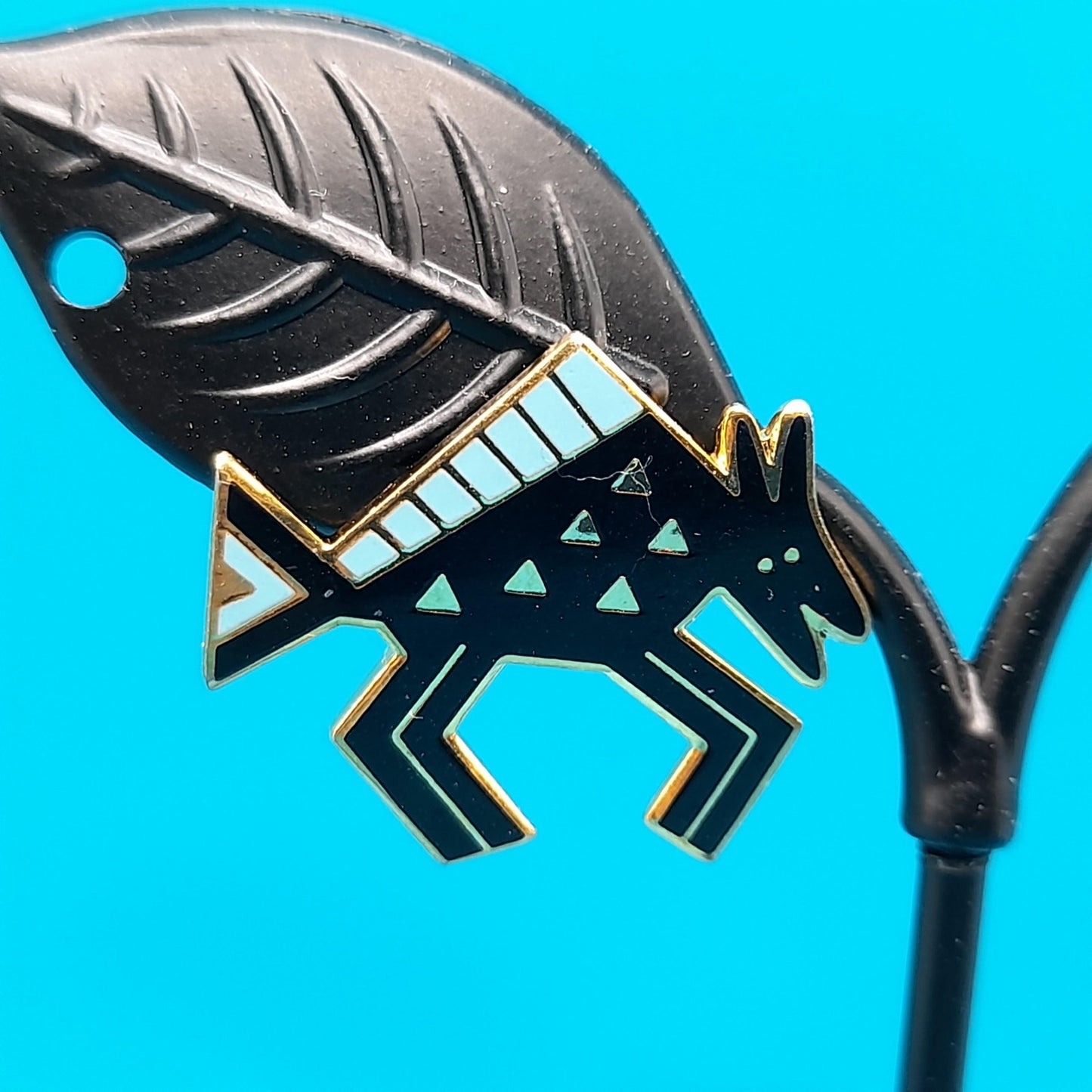 Vintage Laurel Burch "Bison" Post Earrings, Black Blue Enamel, Gold Plated