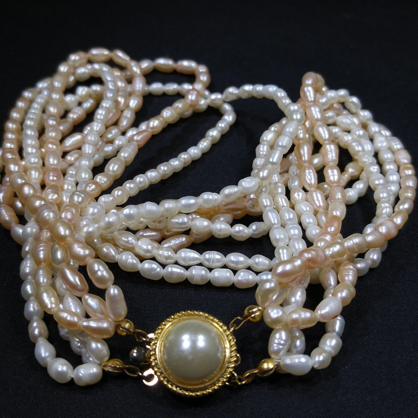 Fresh Water Pearl Necklace, 6 Strands, Silver Gold Plated Clasp, 1980s Vintage Jewelry