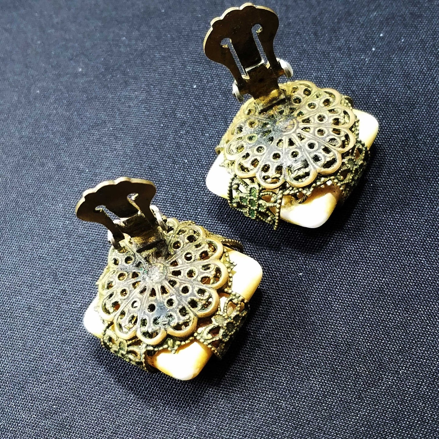 Miriam Haskell Clip Earrings, Gold Tone Pearl Cabochon, Filigree Brass, 1940s Vintage Jewelry