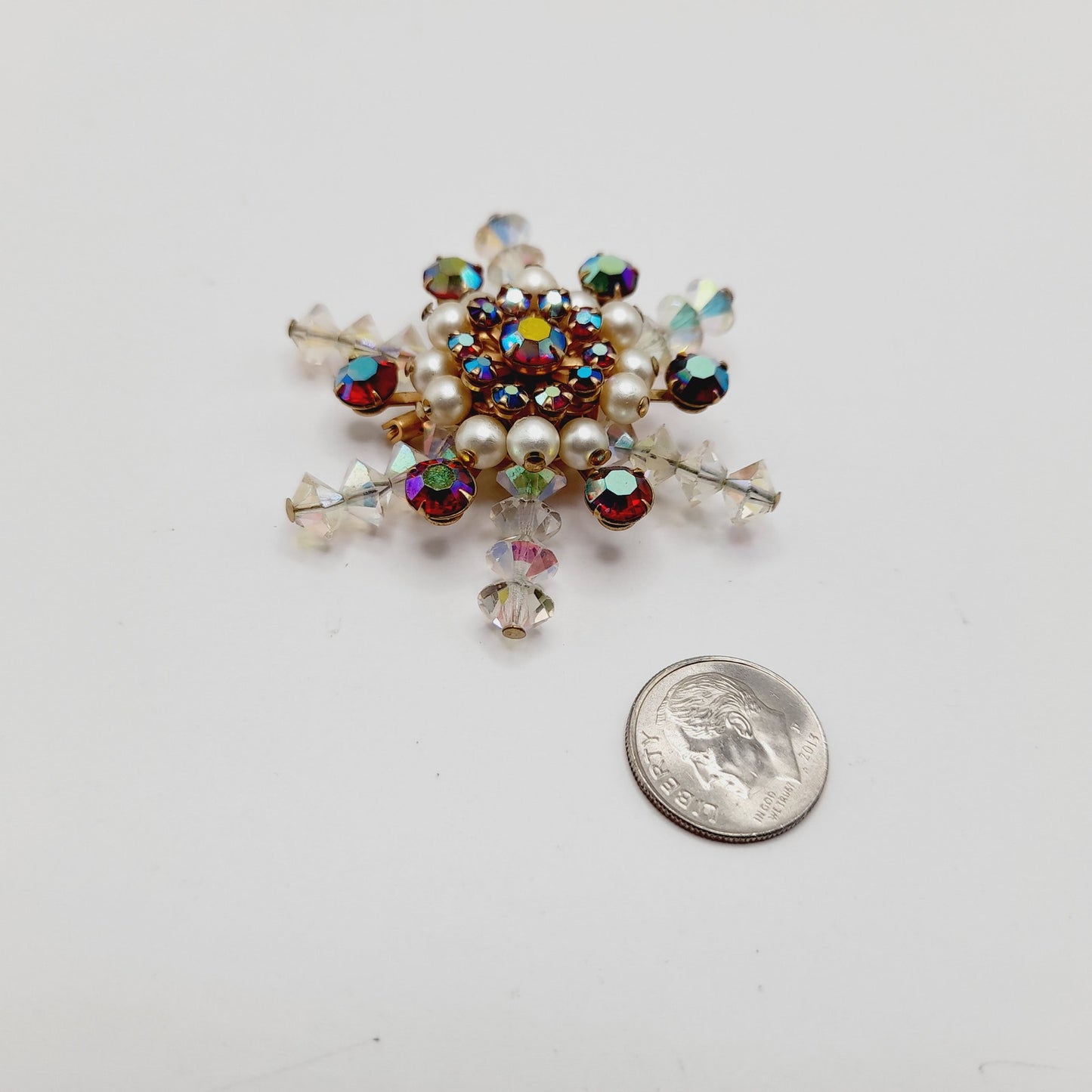 Vintage Snowflake Faux Pearl Red Rhinestone Clear Crystal Beaded Brooch - 2”