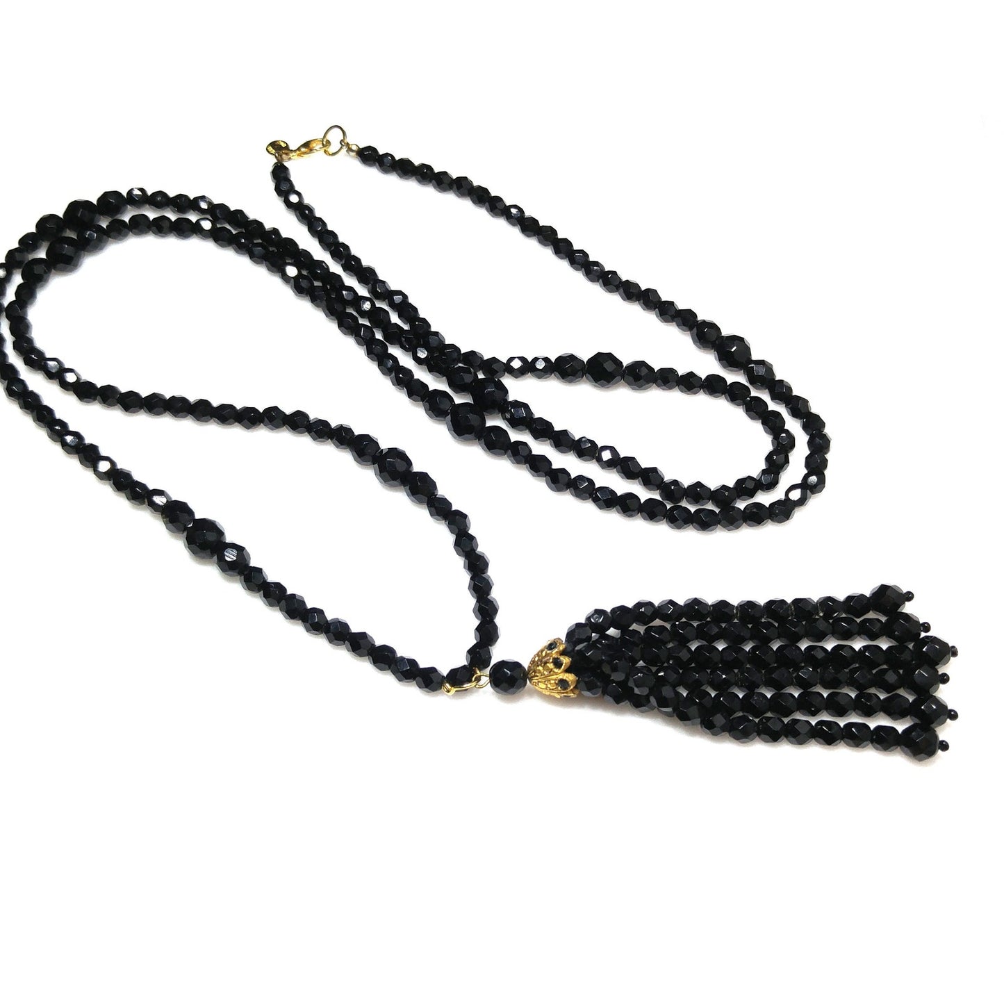 Robert Rose Black Crystal Beaded Tassel Necklace, 50 Inch, 1990s Vintage