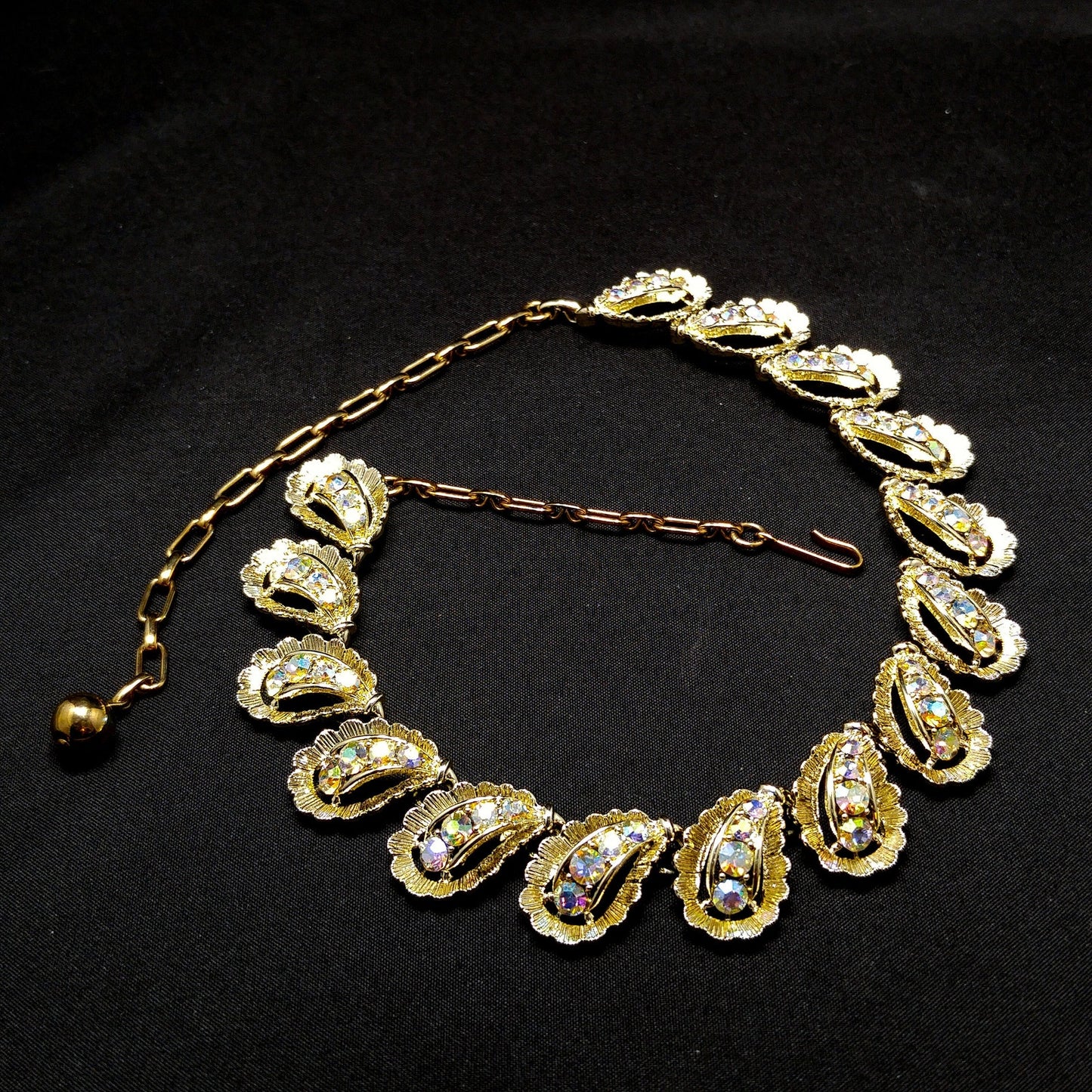 Aurora Borealis Rhinestone Necklace, Gold Plated Choker, 1960s Vintage Jewelry