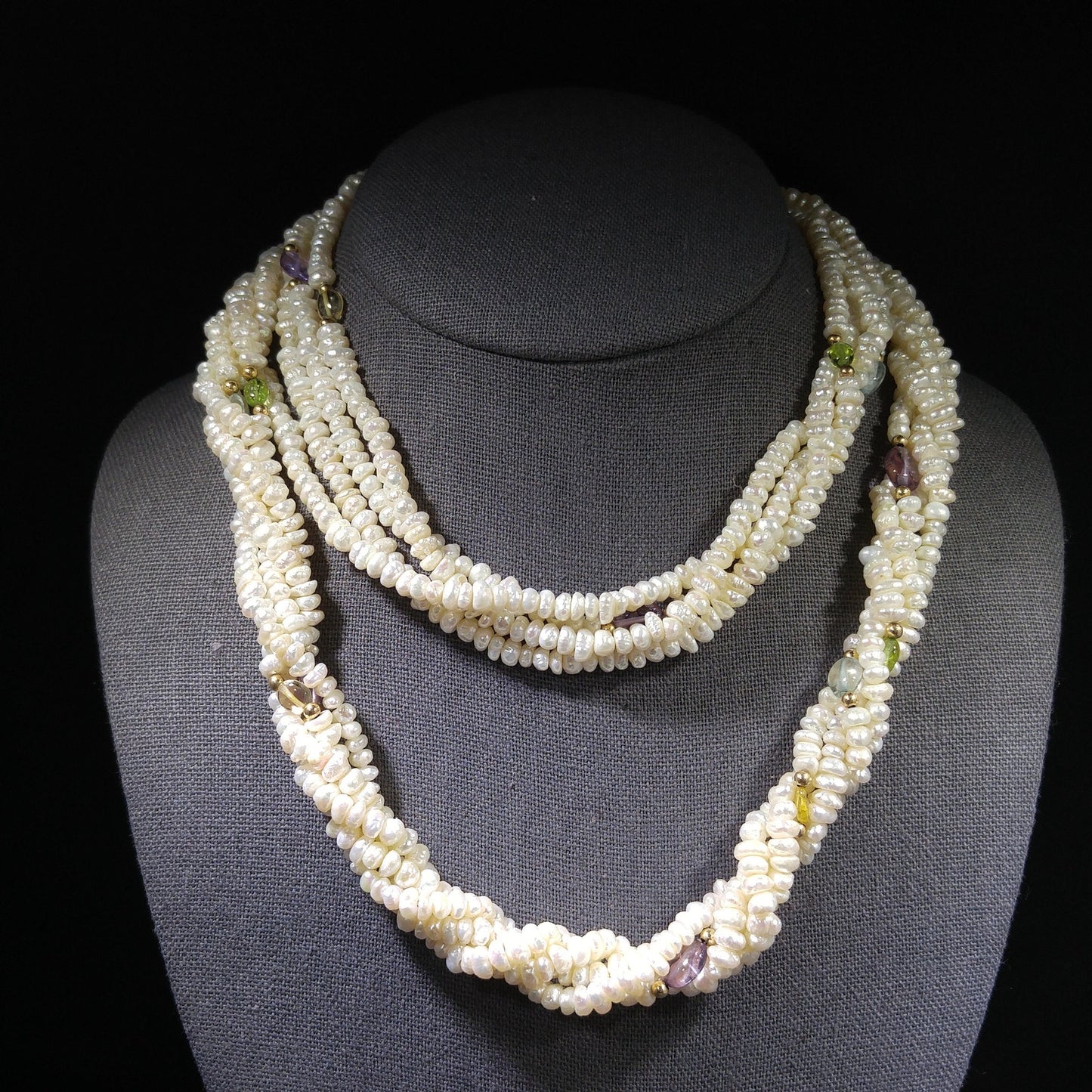 Sand Pearls & Gemstones Long Twisted Necklace, 4 Strands, No Clasp, 1970s Vintage Jewelry