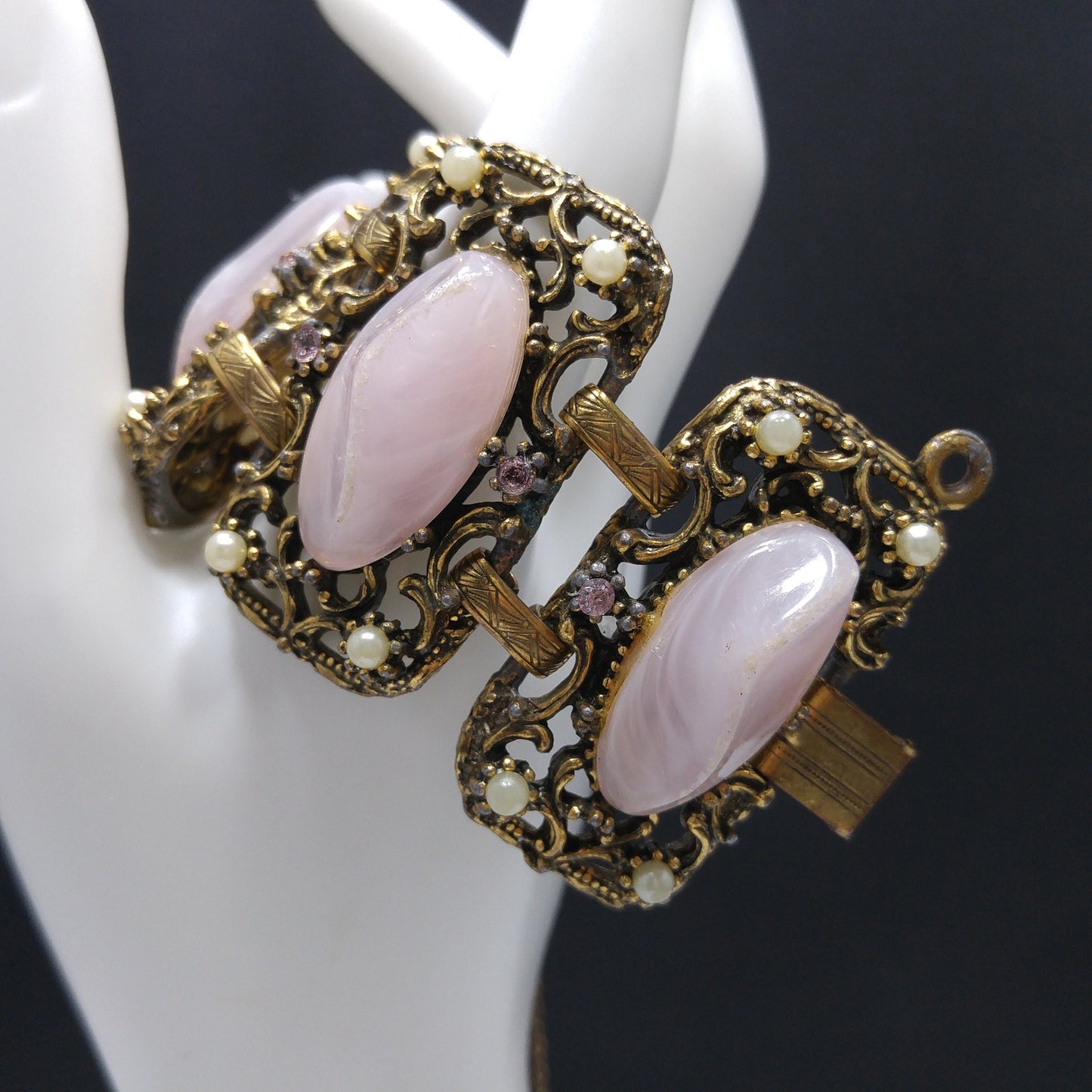 Vintage Chunky Art Glass Wide Bracelet, Pink Glass, 1940s 1950s Vintage Jewelry