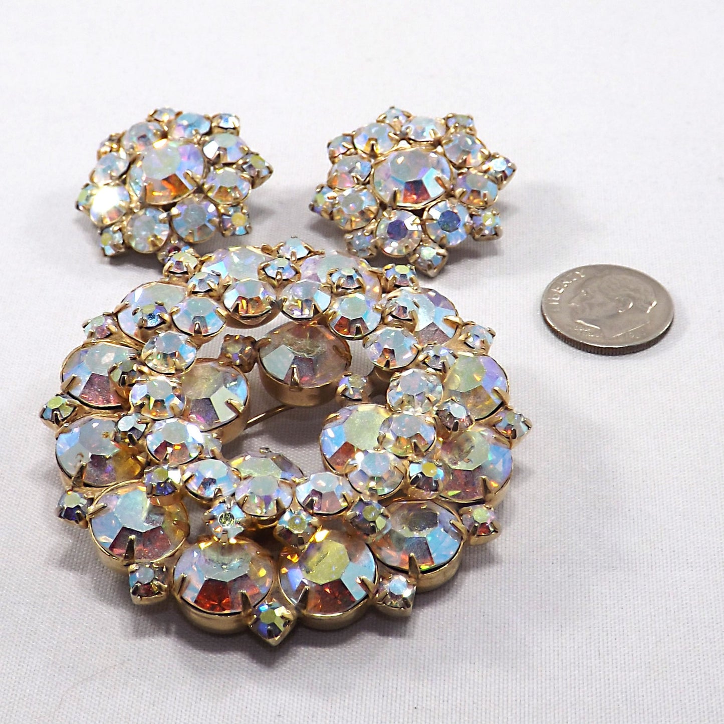 Vintage Unsigned Juliana or Weiss Brooch Earrings Set, Gold Plated, 1960
