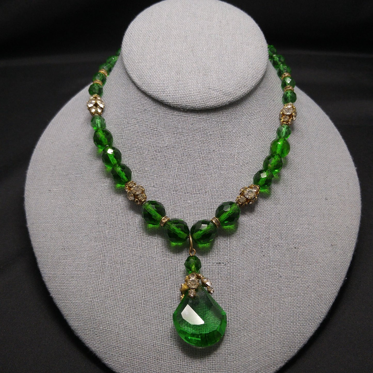 Green Czech Glass Pendant Necklace, Clear Rhinestones, 1950s Vintage Jewelry