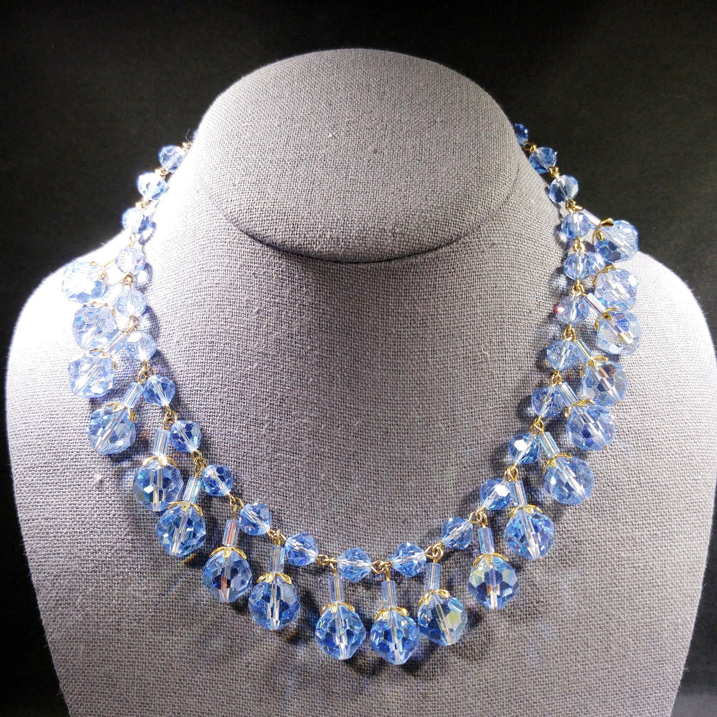 Blue Crystal Dangling Necklace, Light Blue Faceted Beads, 1960s Vintage Jewelry