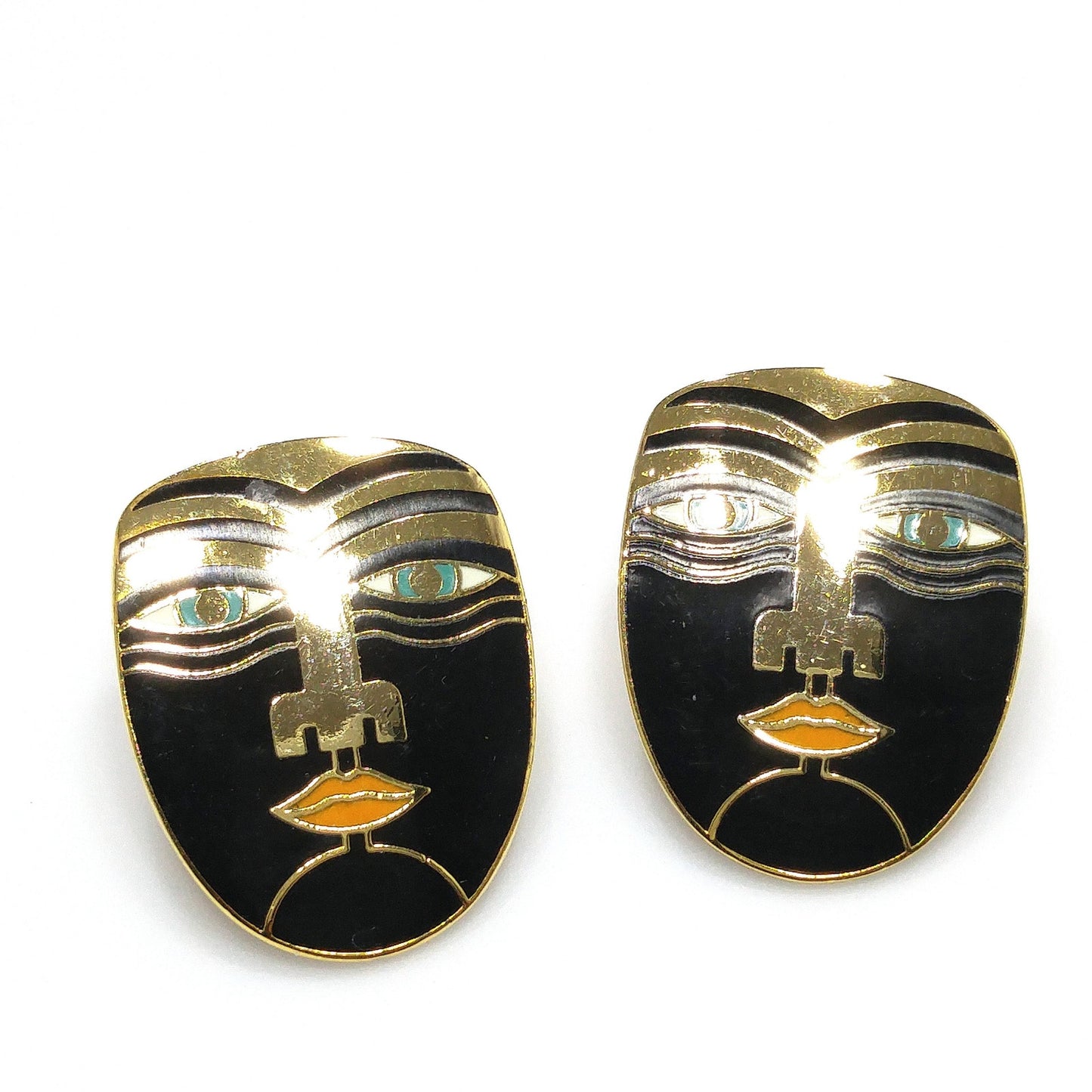 Vintage Laurel Burch "Maori" Post Earrings, Tribal Faces, Gold Plated
