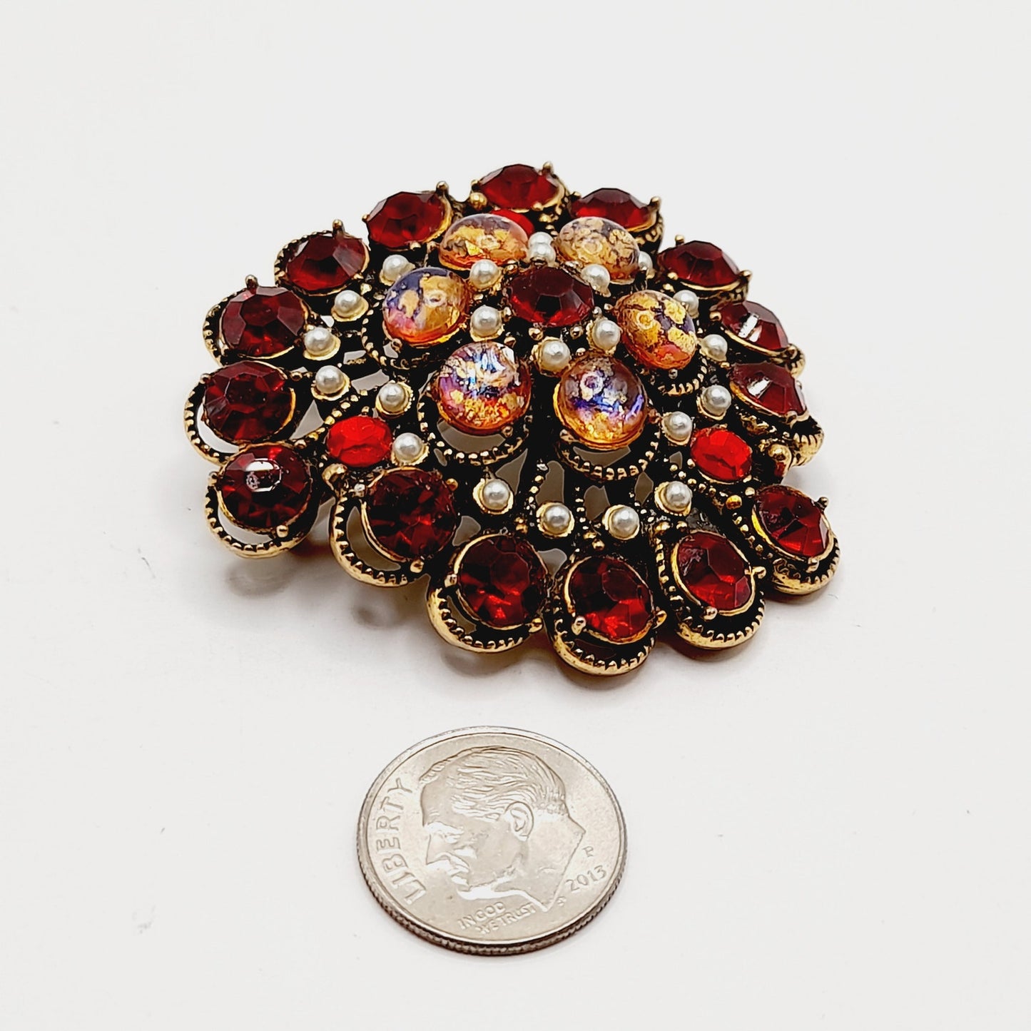 Hollycraft Vintage Red Rhinestone Cabochon Brooch, Faux Pearls, 1950s