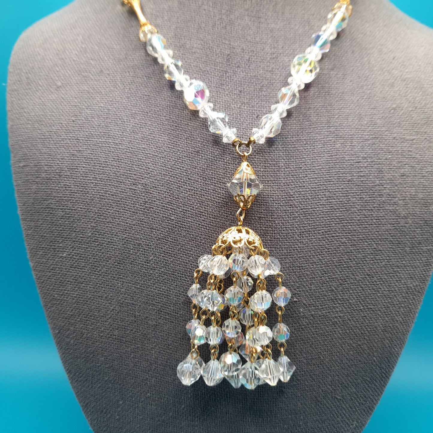 Clear Aurora Borealis Tassel Necklace, Bicone Round Aspirin Crystal Beads, 1960s Vintage Jewelry